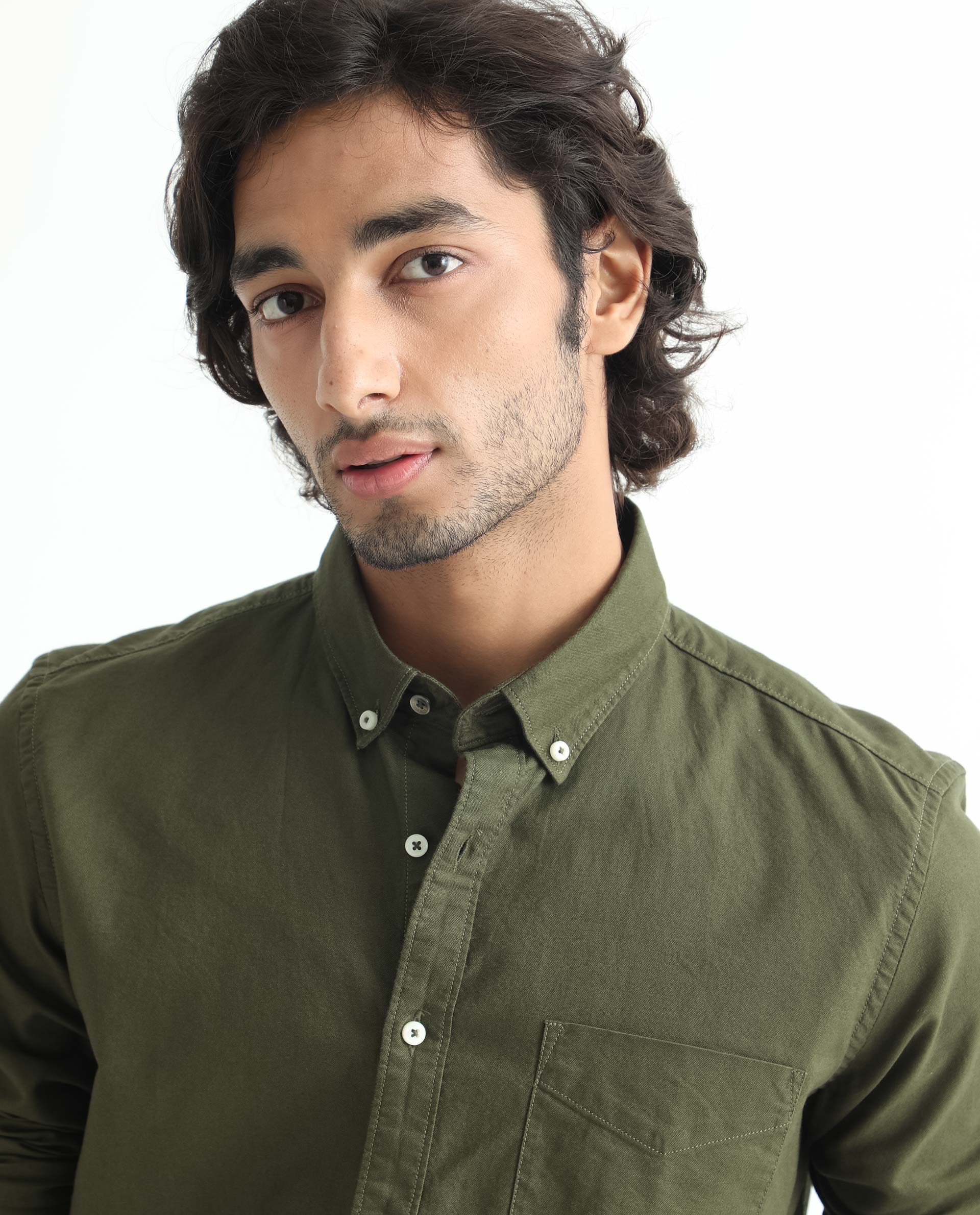 Rare Rabbit Men's Auxfo Olive Cotton Fabric Full Sleeves Solid Shirt