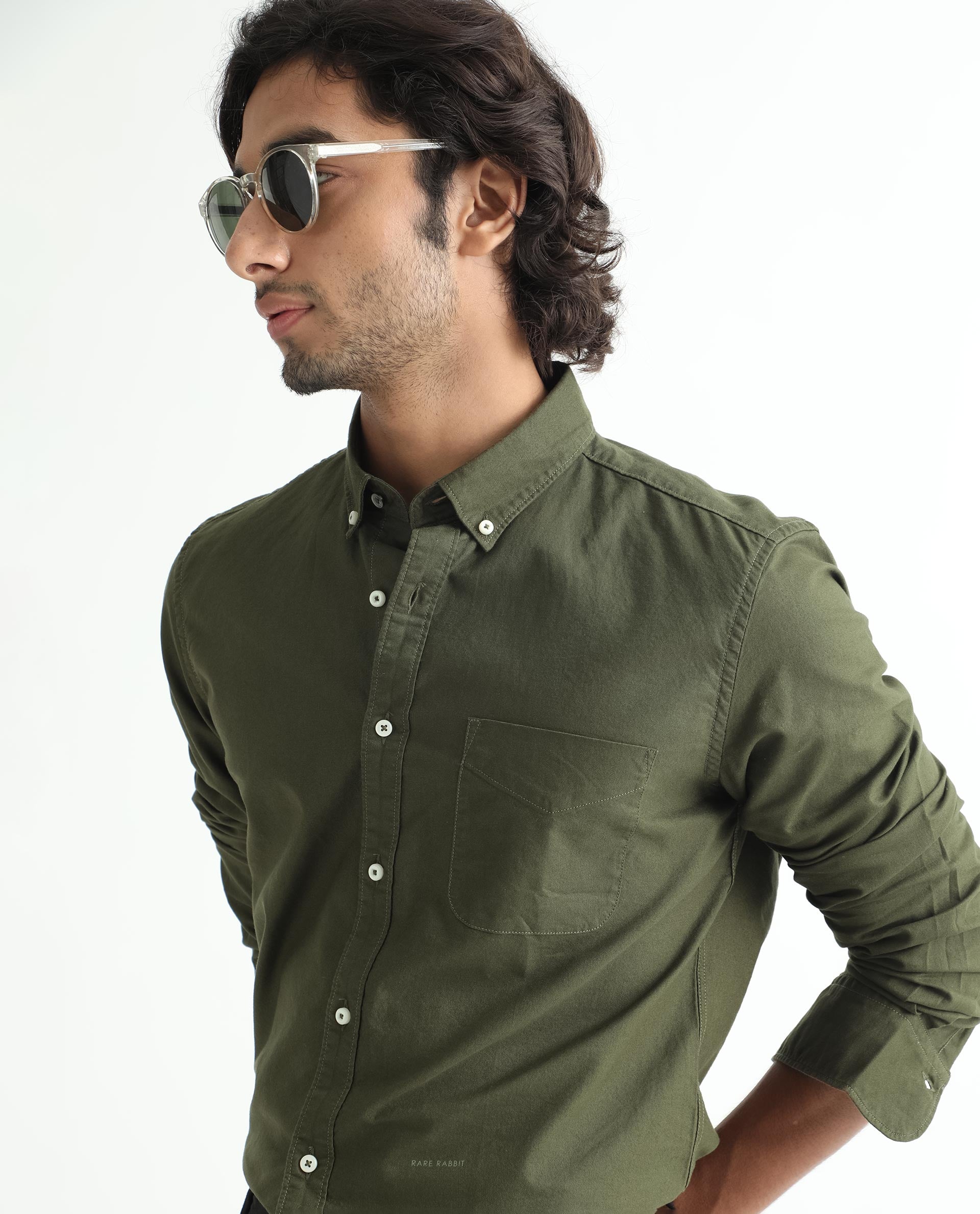 Rare Rabbit Men's Auxfo Olive Cotton Fabric Full Sleeves Solid Shirt