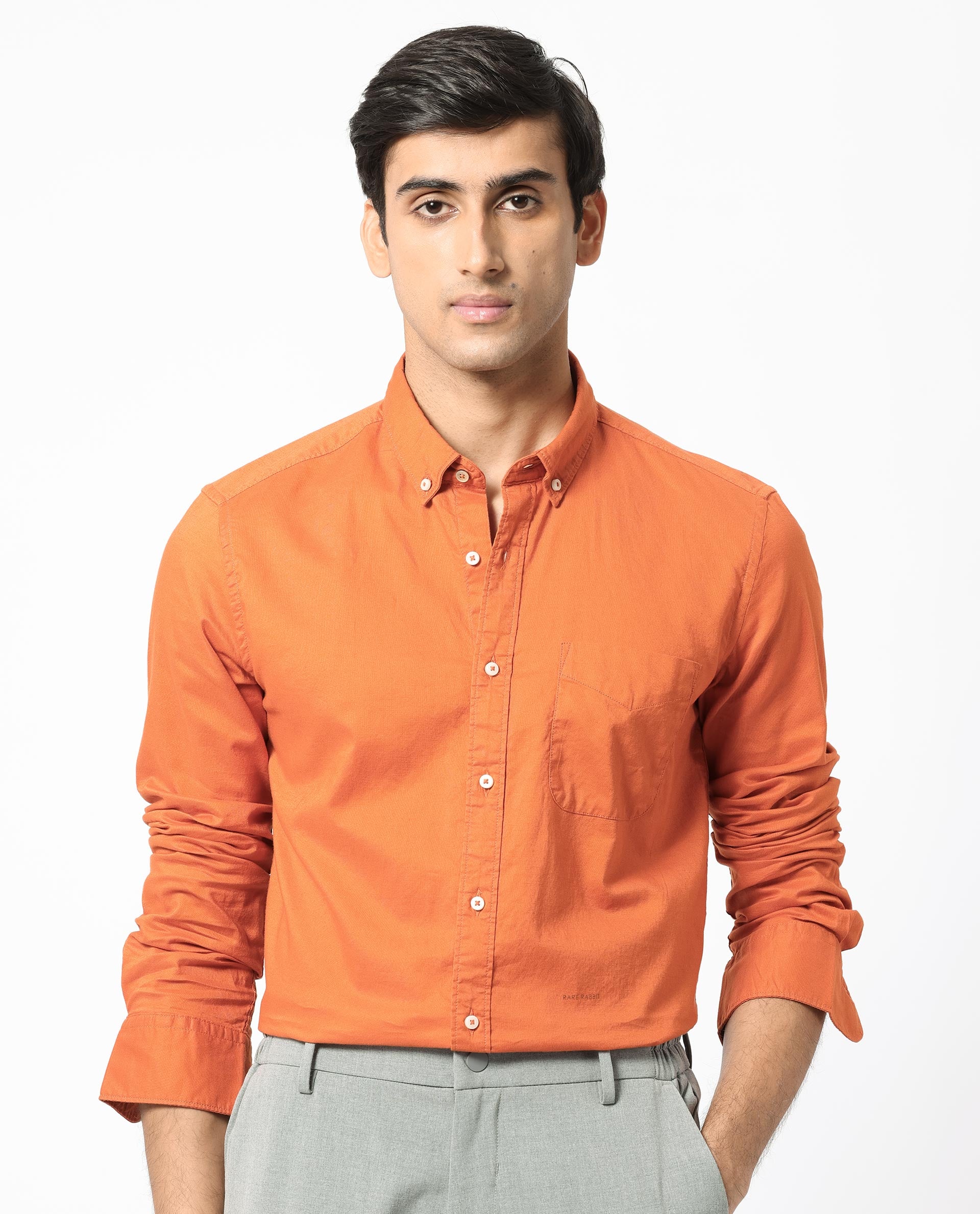 Rare Rabbit Men's Auxfo Orange Cotton Fabric Full Sleeves Solid Shirt