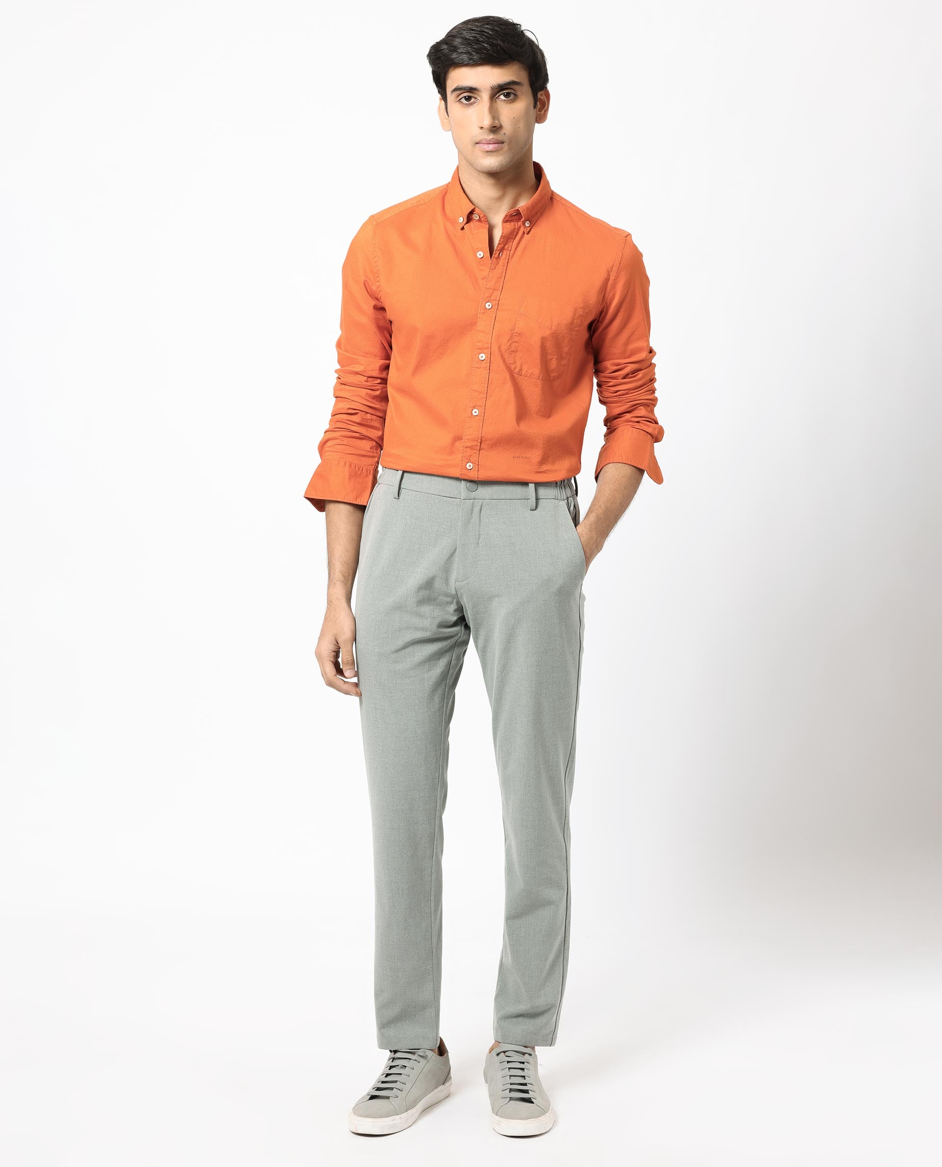 Rare Rabbit Men's Auxfo Orange Cotton Fabric Full Sleeves Solid Shirt