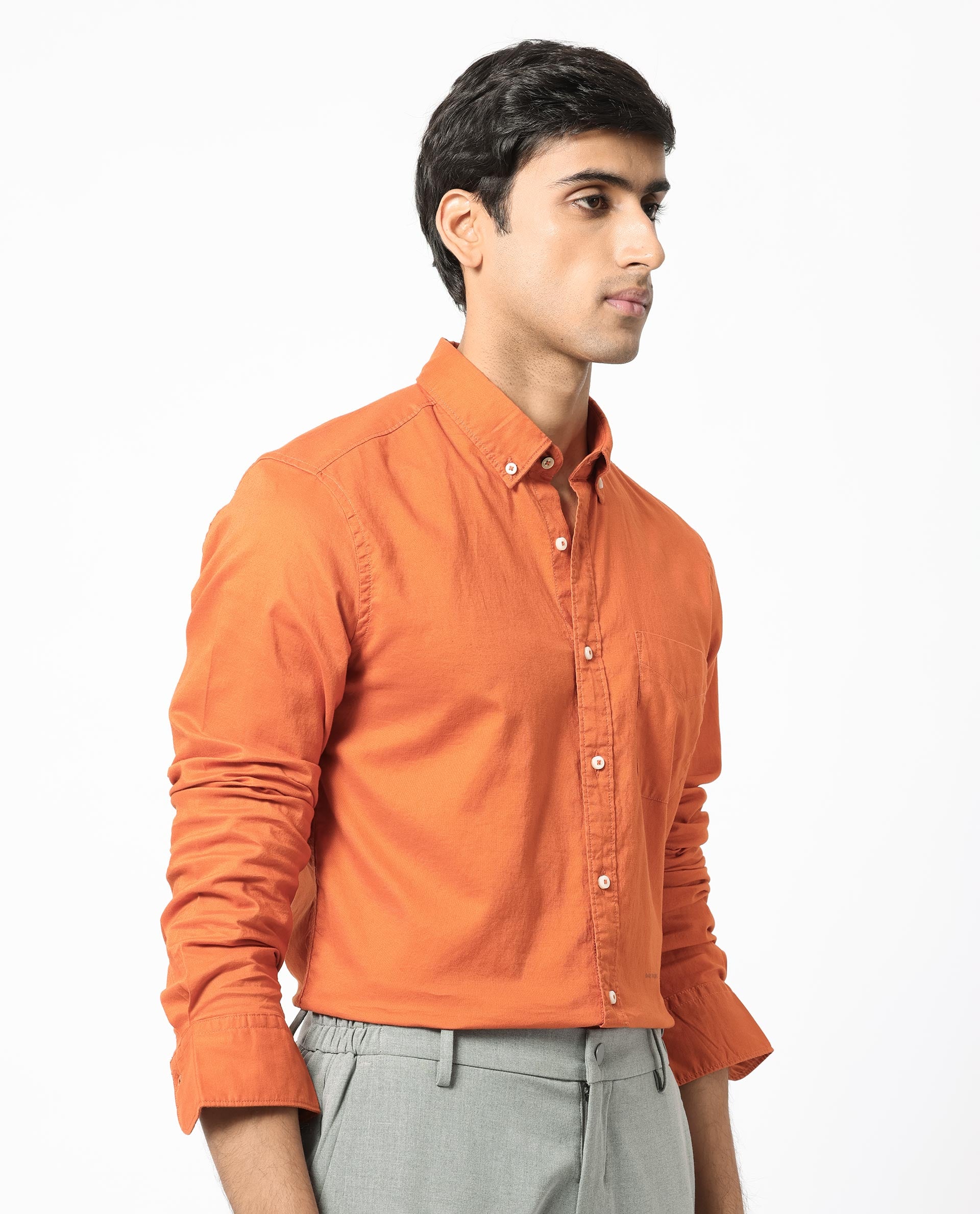 Rare Rabbit Men's Auxfo Orange Cotton Fabric Full Sleeves Solid Shirt