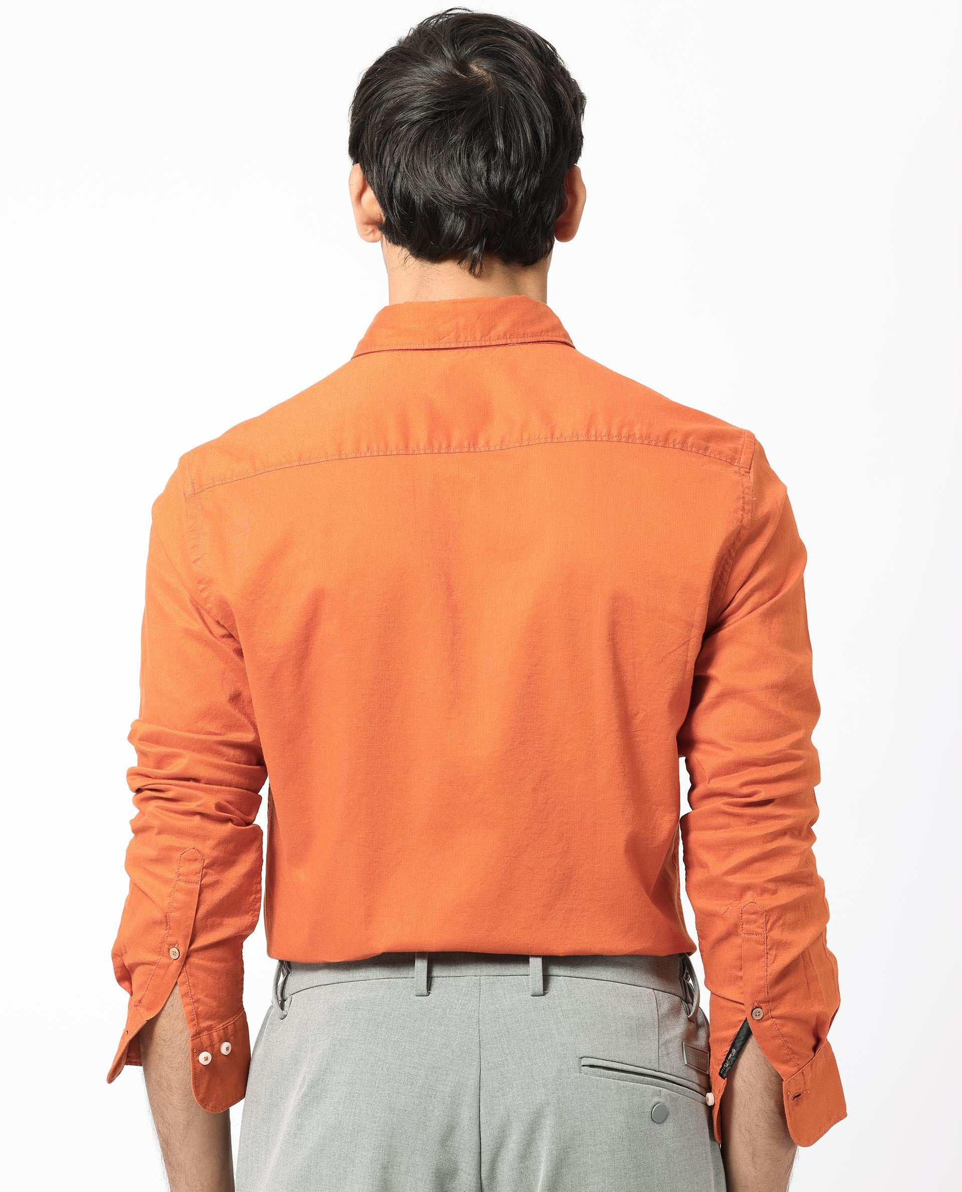 Rare Rabbit Men's Auxfo Orange Cotton Fabric Full Sleeves Solid Shirt
