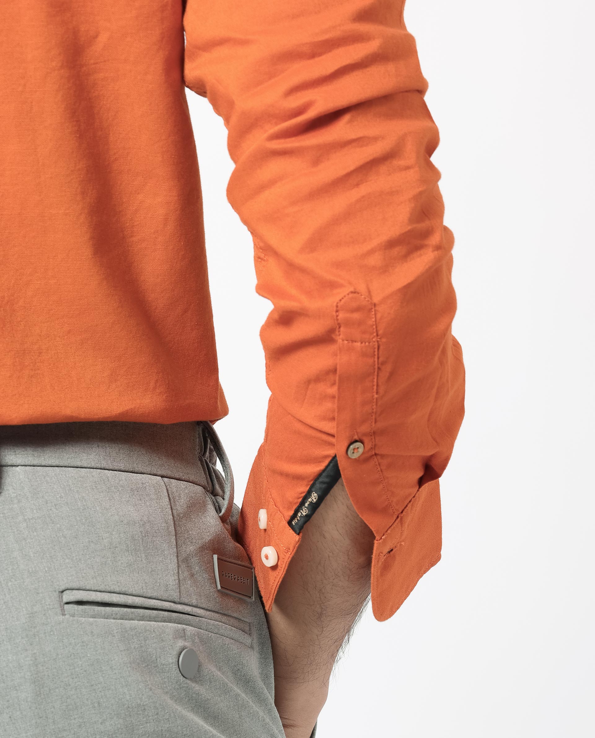 Rare Rabbit Men's Auxfo Orange Cotton Fabric Full Sleeves Solid Shirt