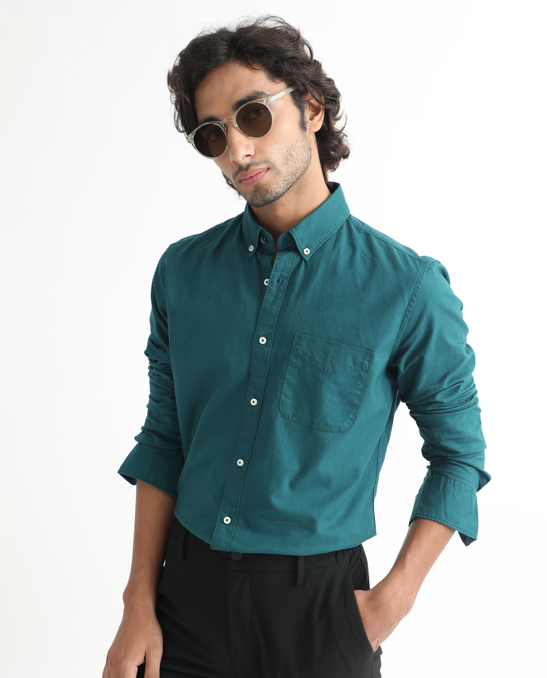 Rare Rabbit Men's Auxfo Petrol Cotton Fabric Full Sleeves Solid Shirt