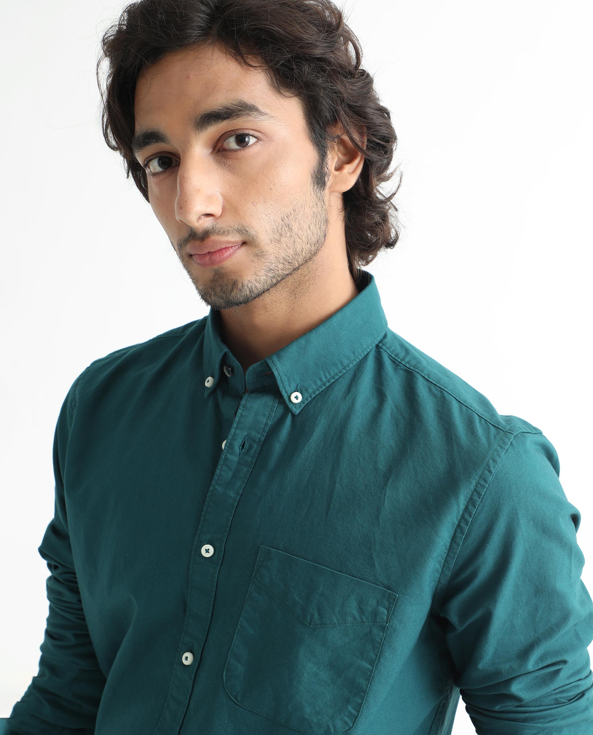 Rare Rabbit Men's Auxfo Petrol Cotton Fabric Full Sleeves Solid Shirt