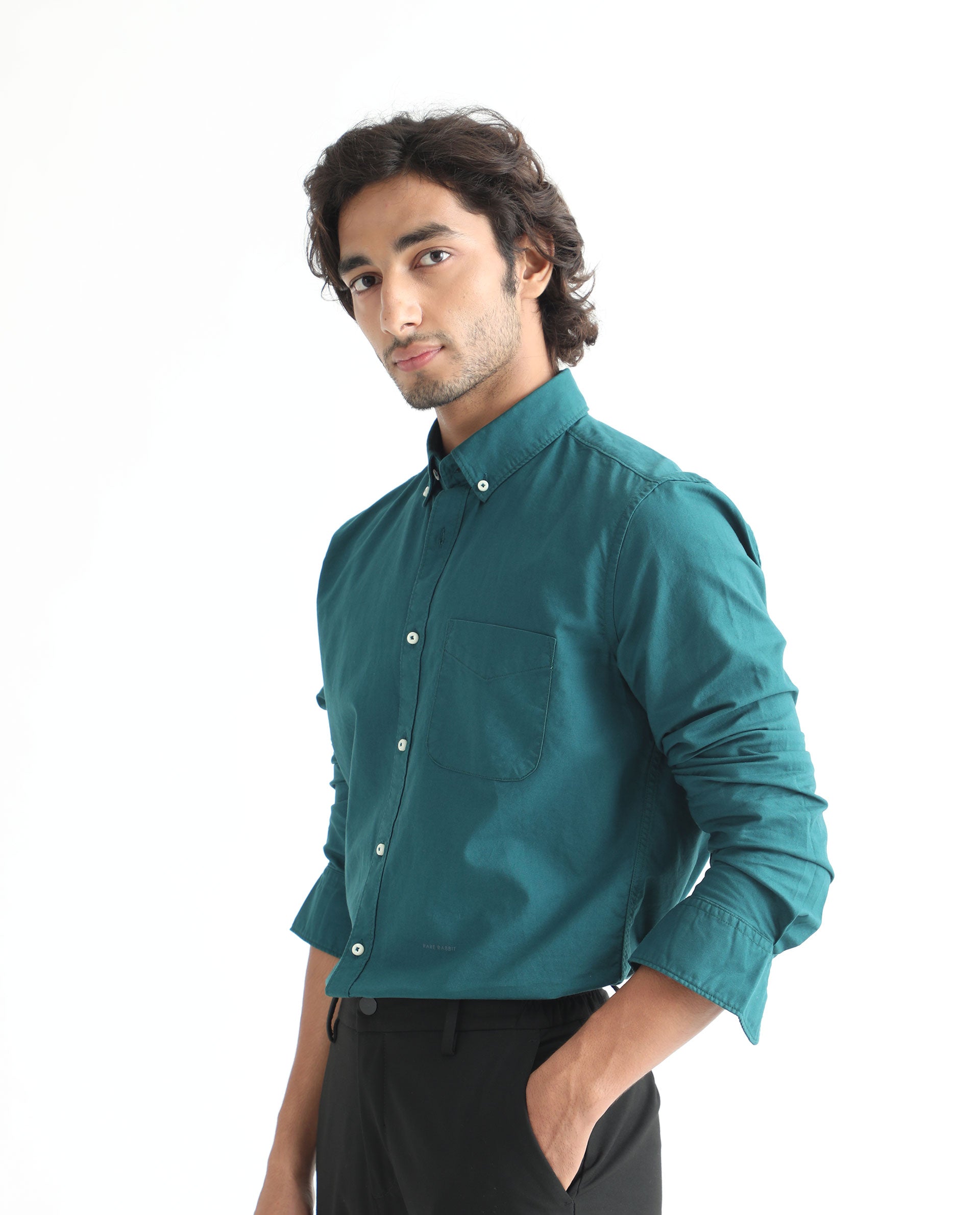 Rare Rabbit Men's Auxfo Petrol Cotton Fabric Full Sleeves Solid Shirt