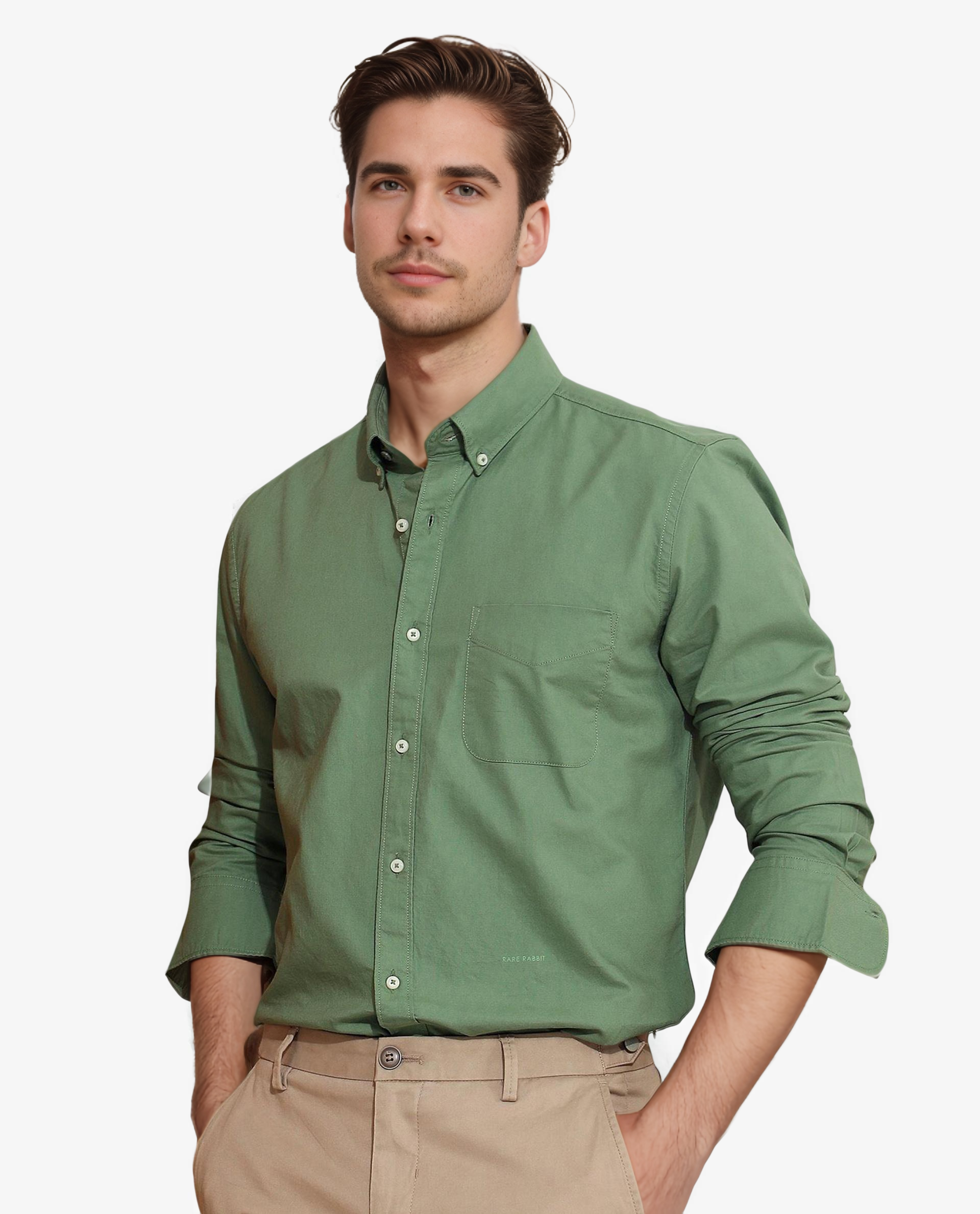 Rare Rabbit Men's Auxfo Green Cotton Fabric Full Sleeves Solid Shirt