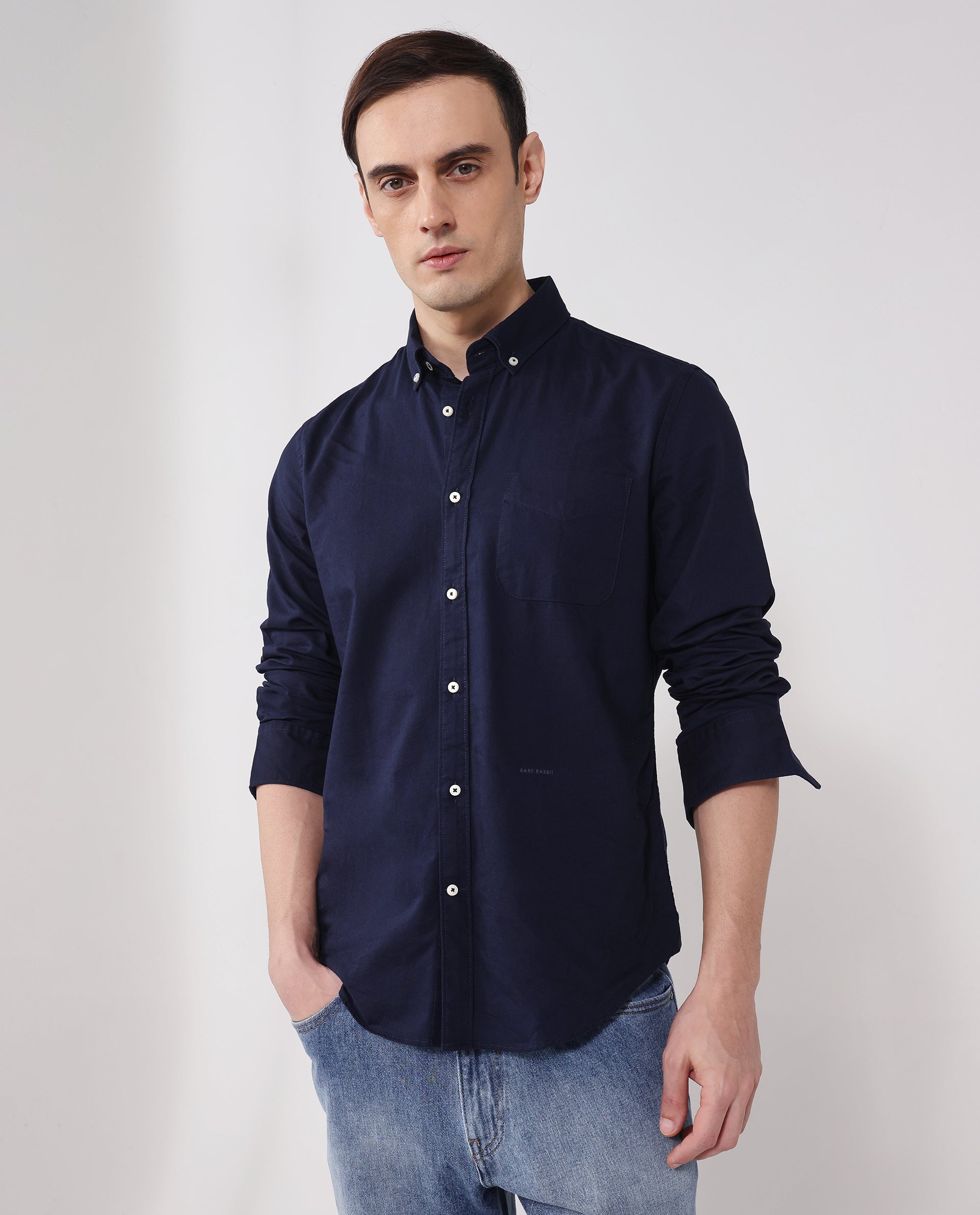 Rare Rabbit Men's Auxfo Navy Cotton Fabric Full Sleeves Solid Shirt