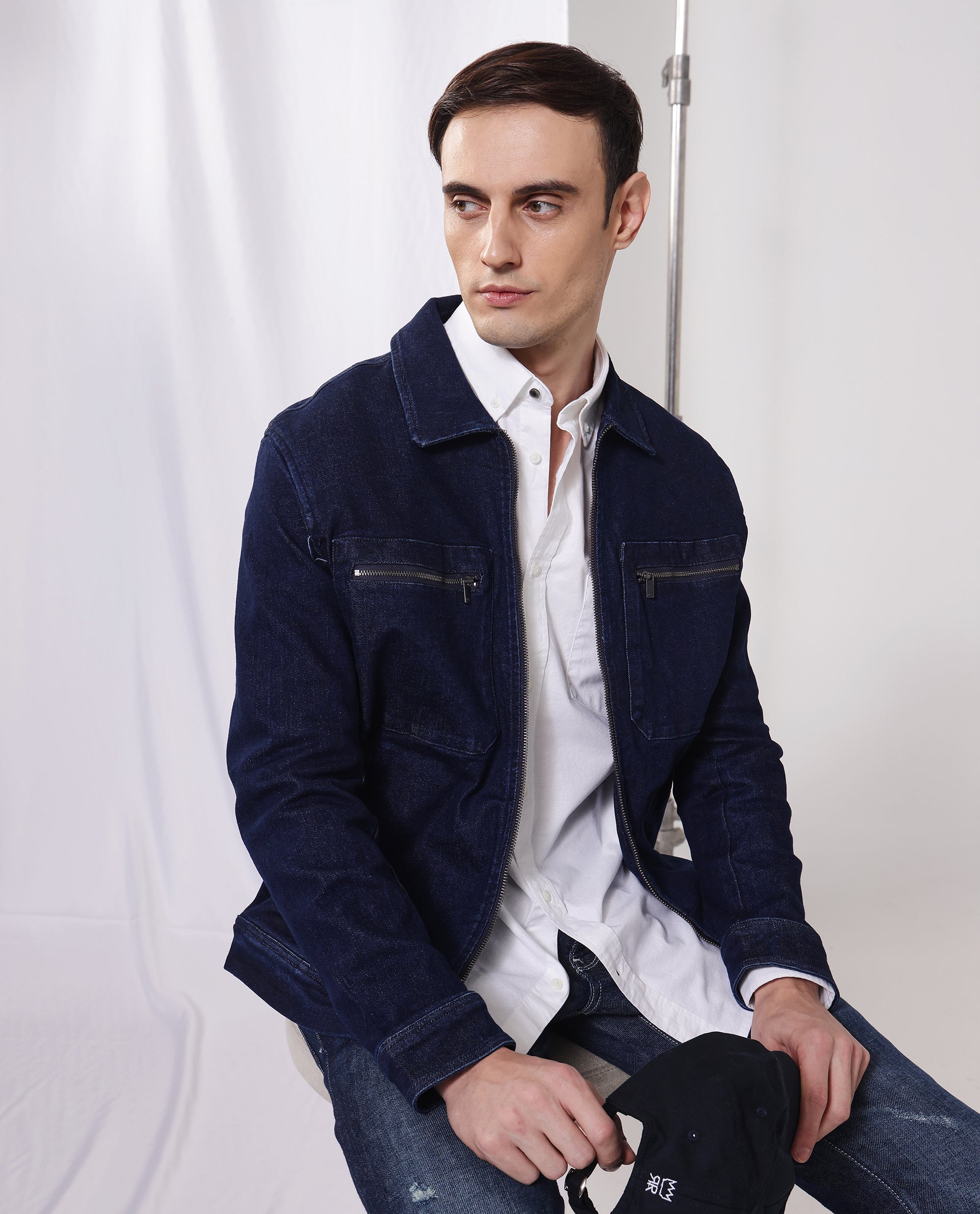 Rare Rabbit Men Denner Dark Blue Cotton Polyester Fabric Full Sleeve Collared Zipper Closure Denim Plain Jacket