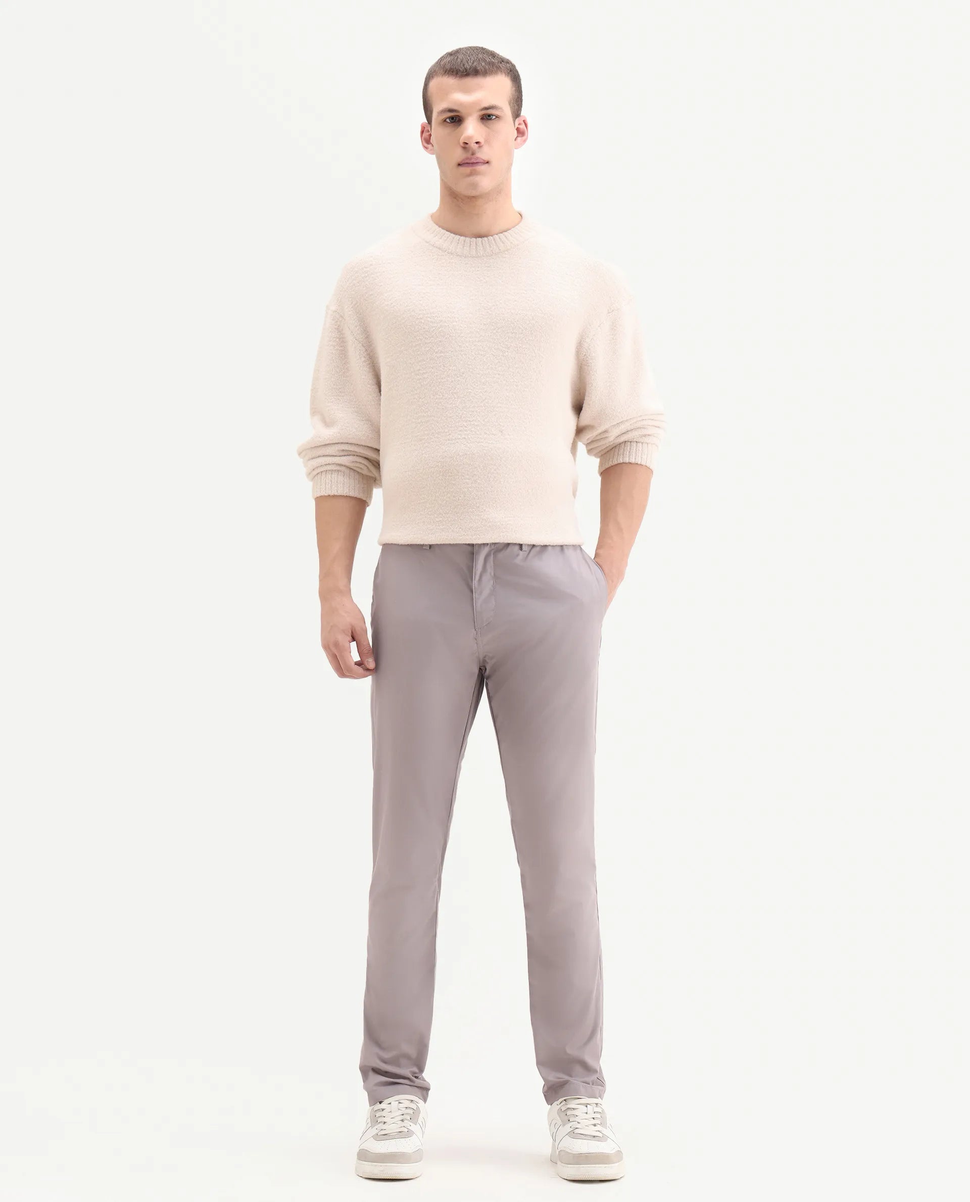 Rare Rabbit Men's Aux Light Purple Polyester Plain Regular Fit Trouser