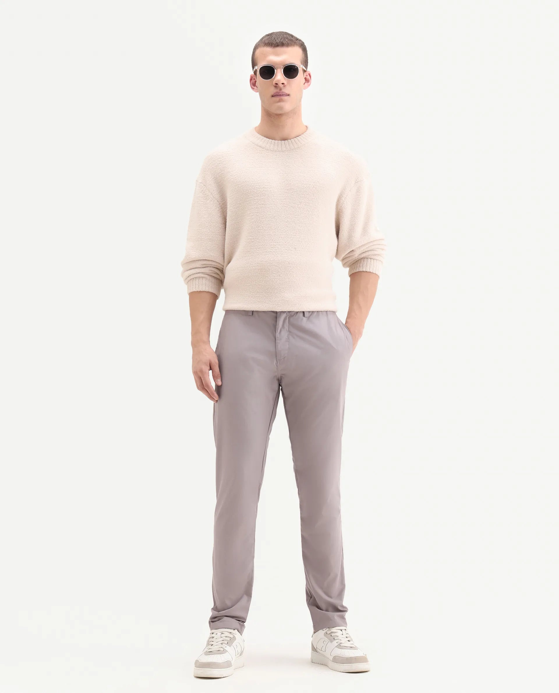 Rare Rabbit Men's Aux Light Purple Polyester Plain Regular Fit Trouser