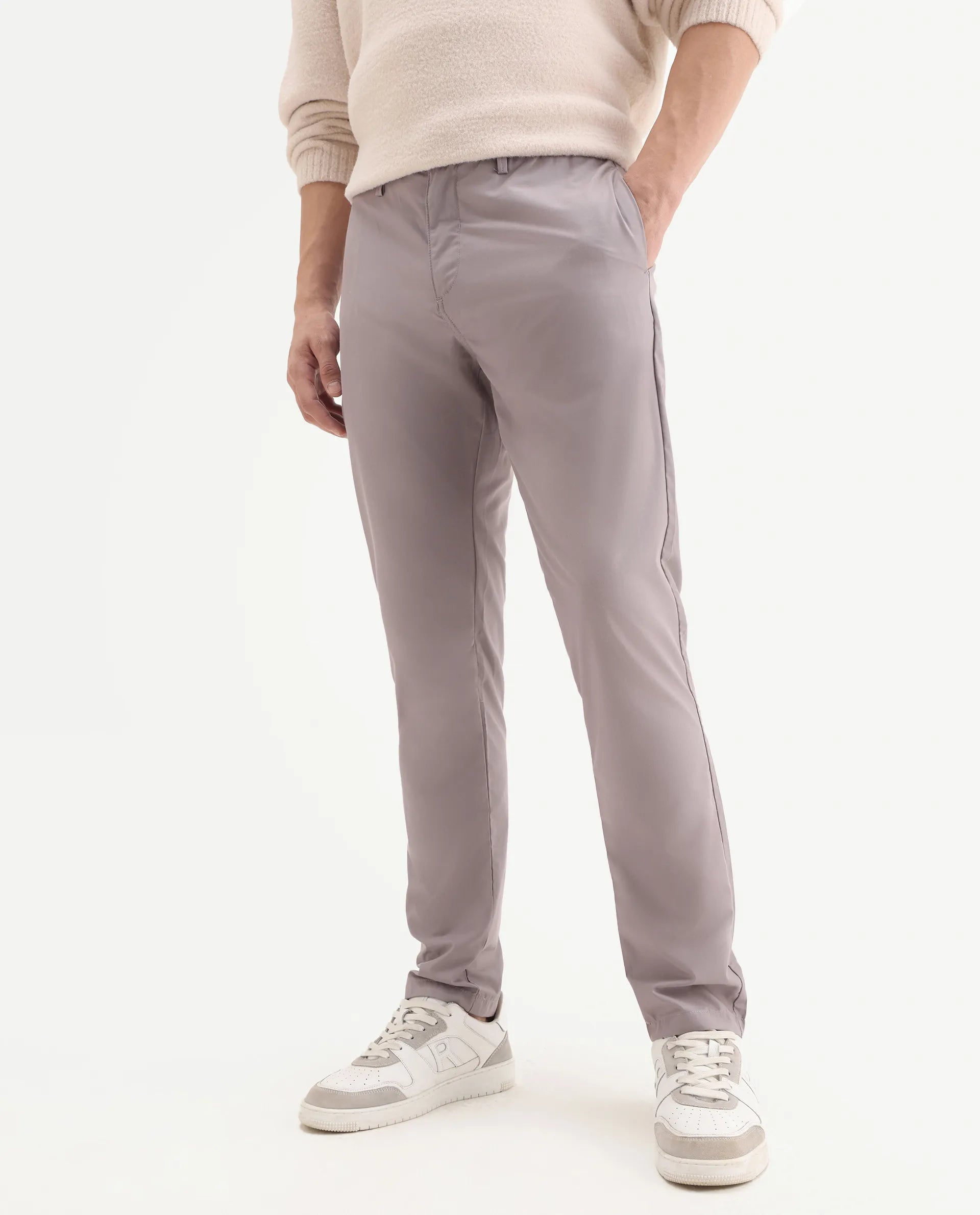 Rare Rabbit Men's Aux Light Purple Polyester Plain Regular Fit Trouser