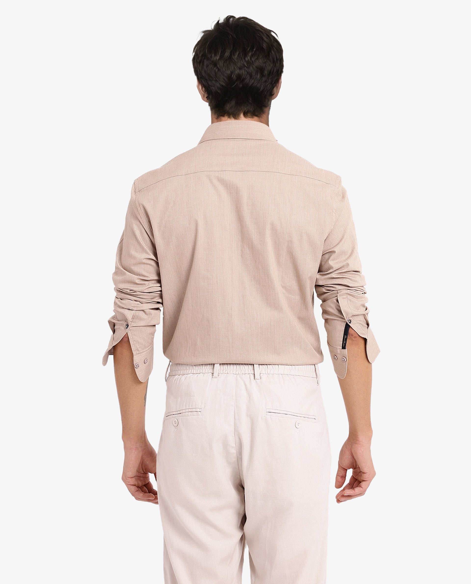 Rare Rabbit Men's Auxon Khaki Polyester Cotton Fabric Blend Full Sleeve Regular Fit Solid Textured Shirt