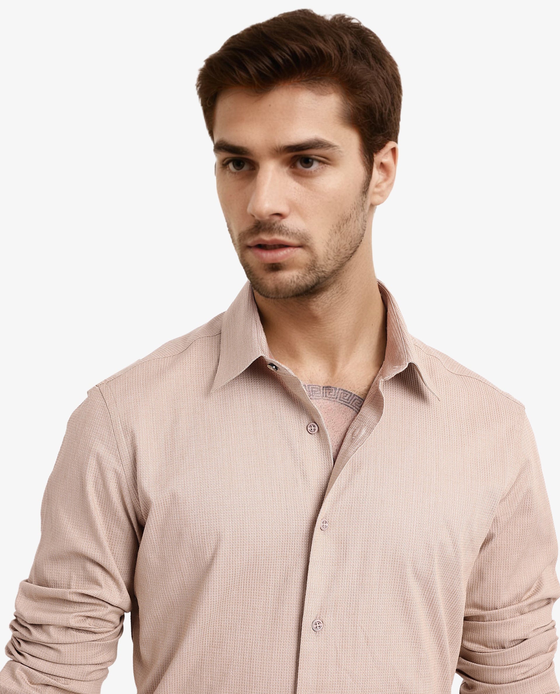 Rare Rabbit Men's Auxon Khaki Polyester Cotton Fabric Blend Full Sleeve Regular Fit Solid Textured Shirt