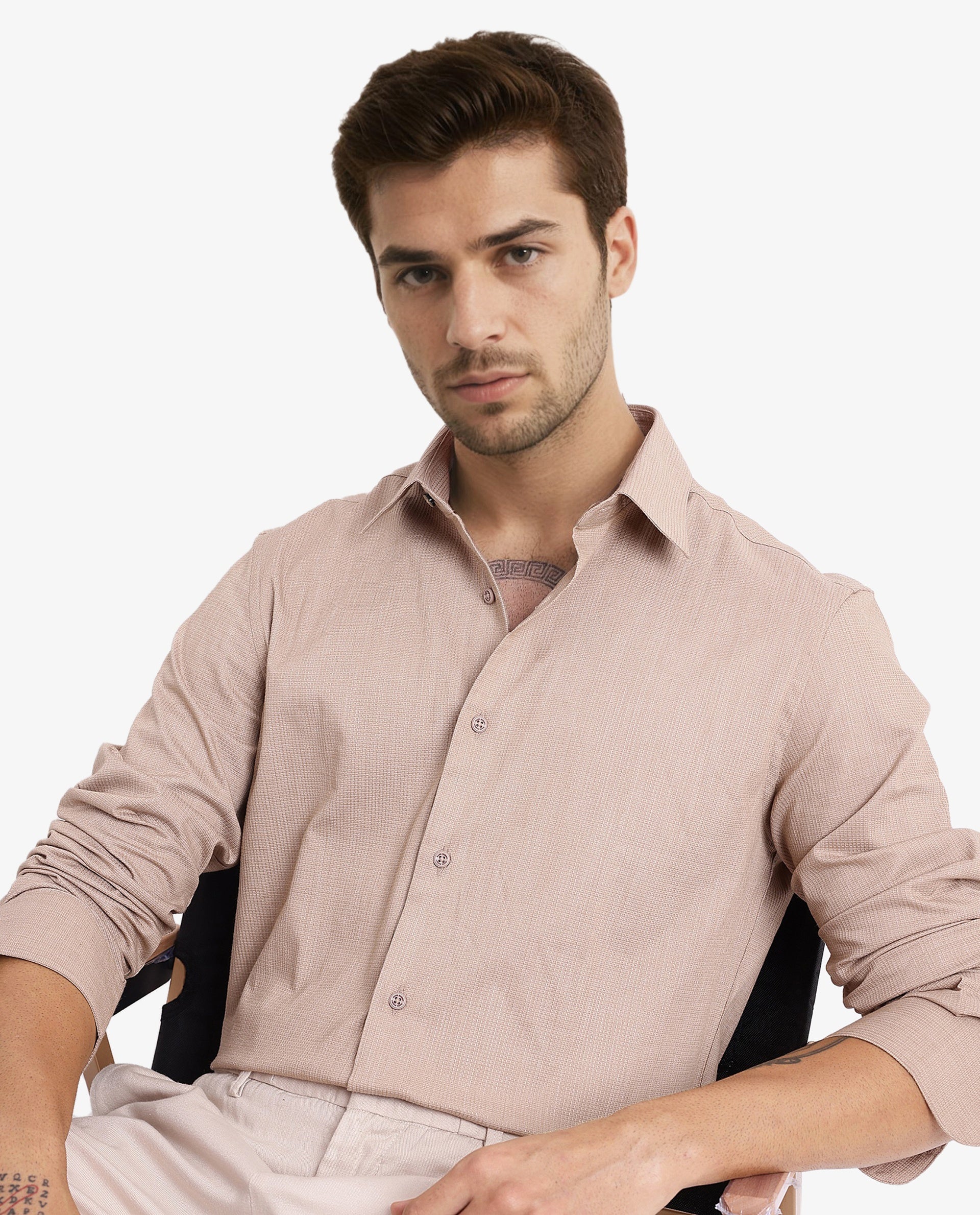 Rare Rabbit Men's Auxon Khaki Polyester Cotton Fabric Blend Full Sleeve Regular Fit Solid Textured Shirt