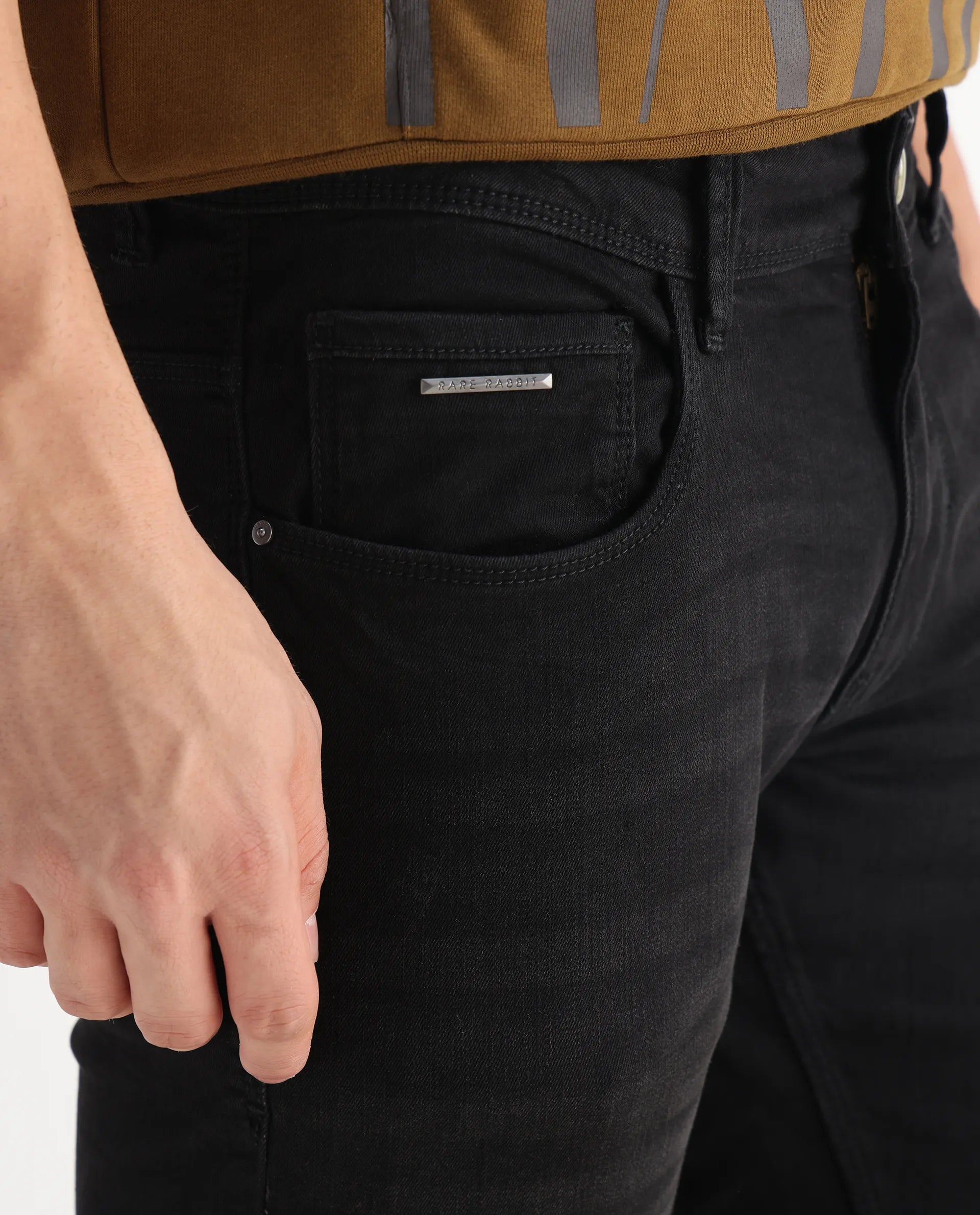 Rare Rabbit Men's Avenue Black Cotton Plain Hawk Slim Fit Jeans