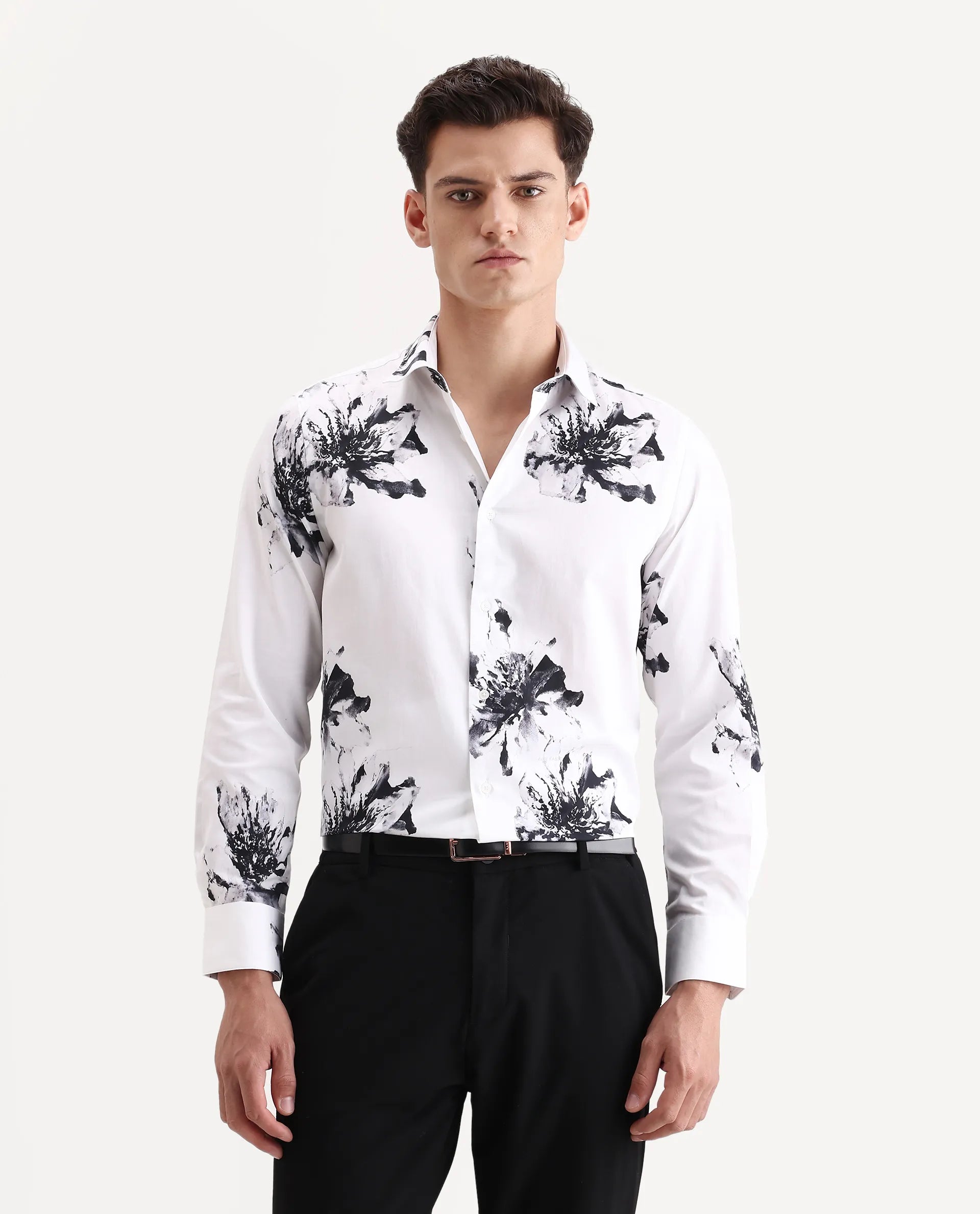 Rare Rabbit Men's Aver White Cotton Fabric Collared Neck Regular Fit Floral Print Shirt