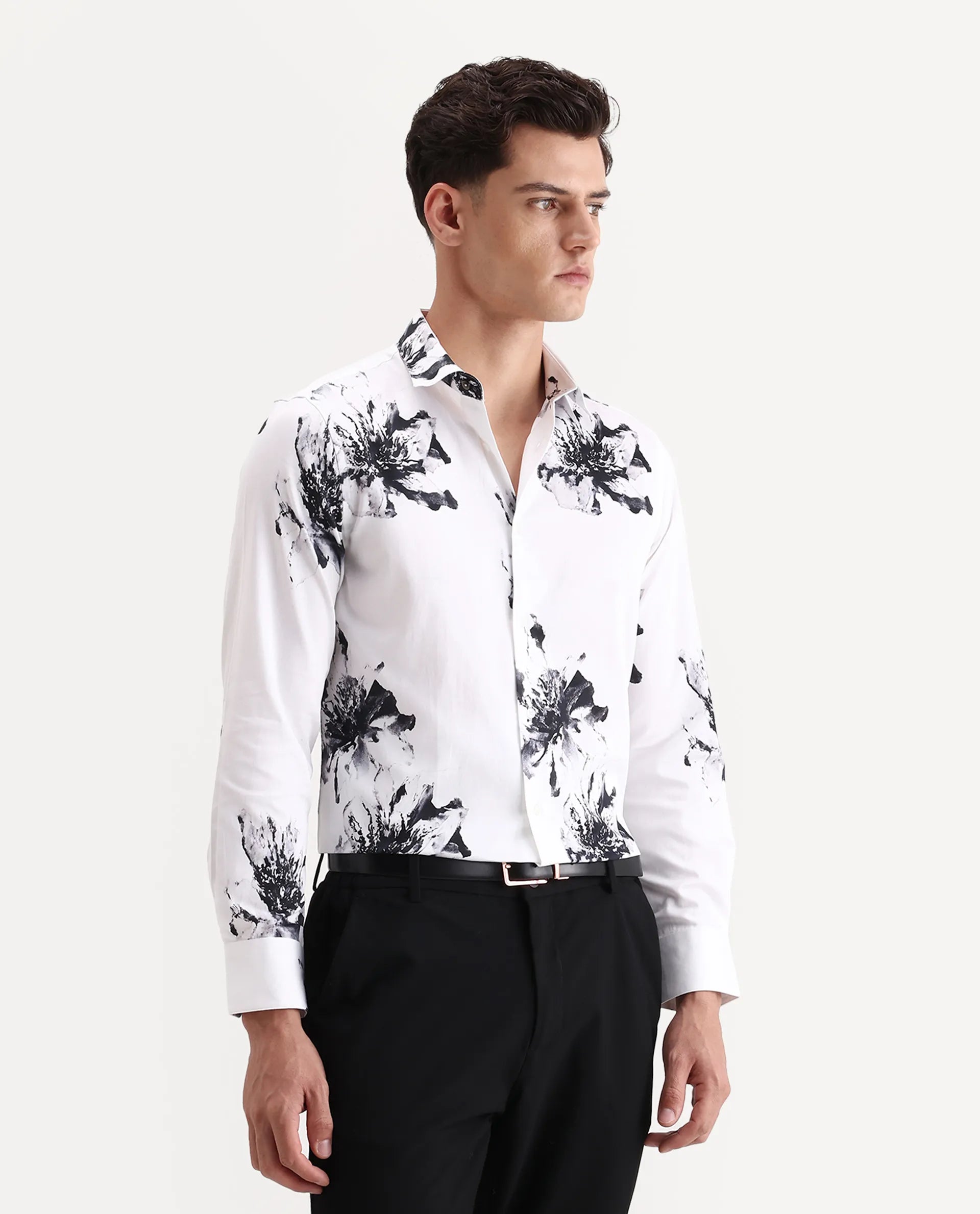Rare Rabbit Men's Aver White Cotton Fabric Collared Neck Regular Fit Floral Print Shirt