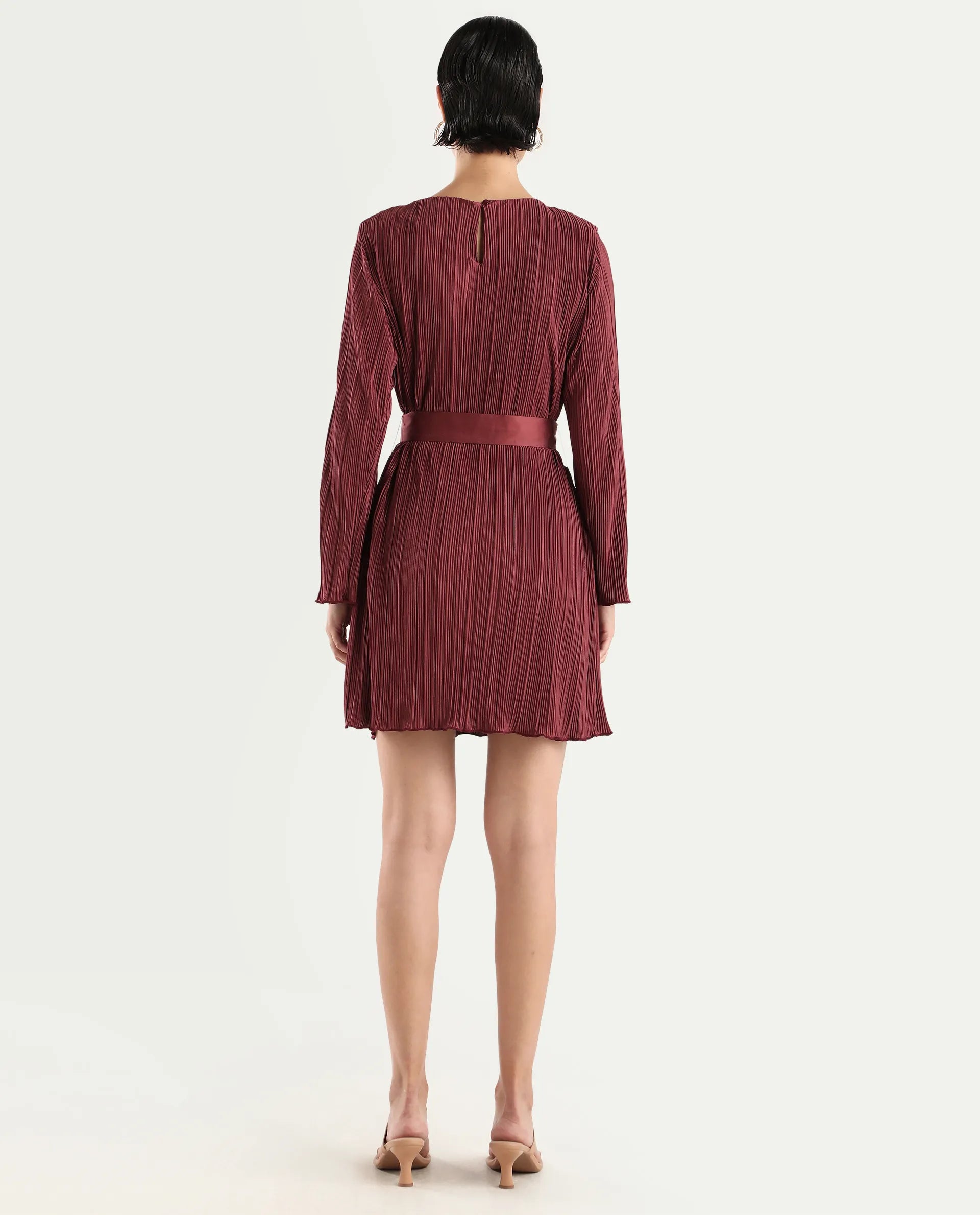 Rareism Women's Averna Brown Polyester Boat Neck Plain Mini Straight Fit Dress