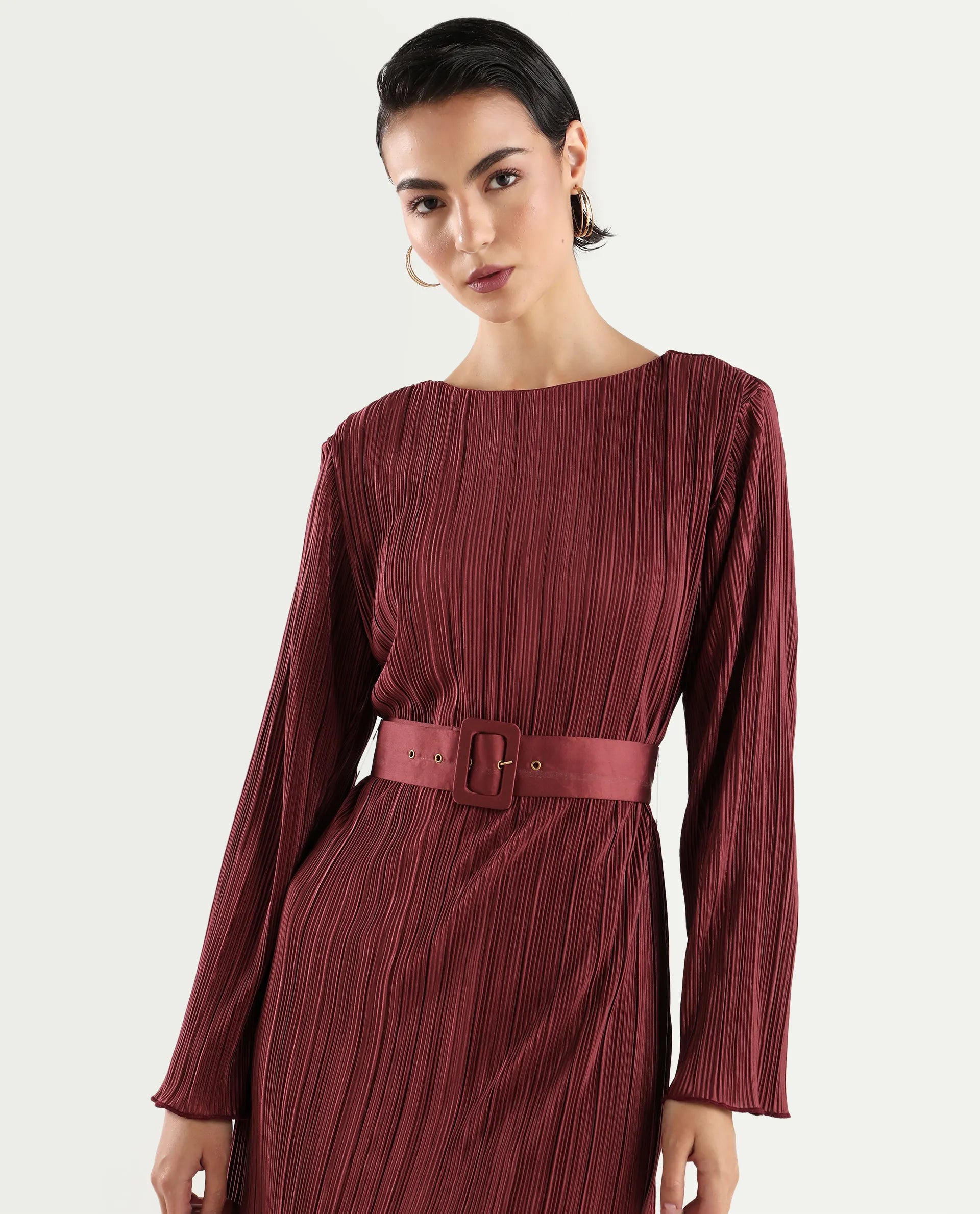 Rareism Women's Averna Brown Polyester Boat Neck Plain Mini Straight Fit Dress