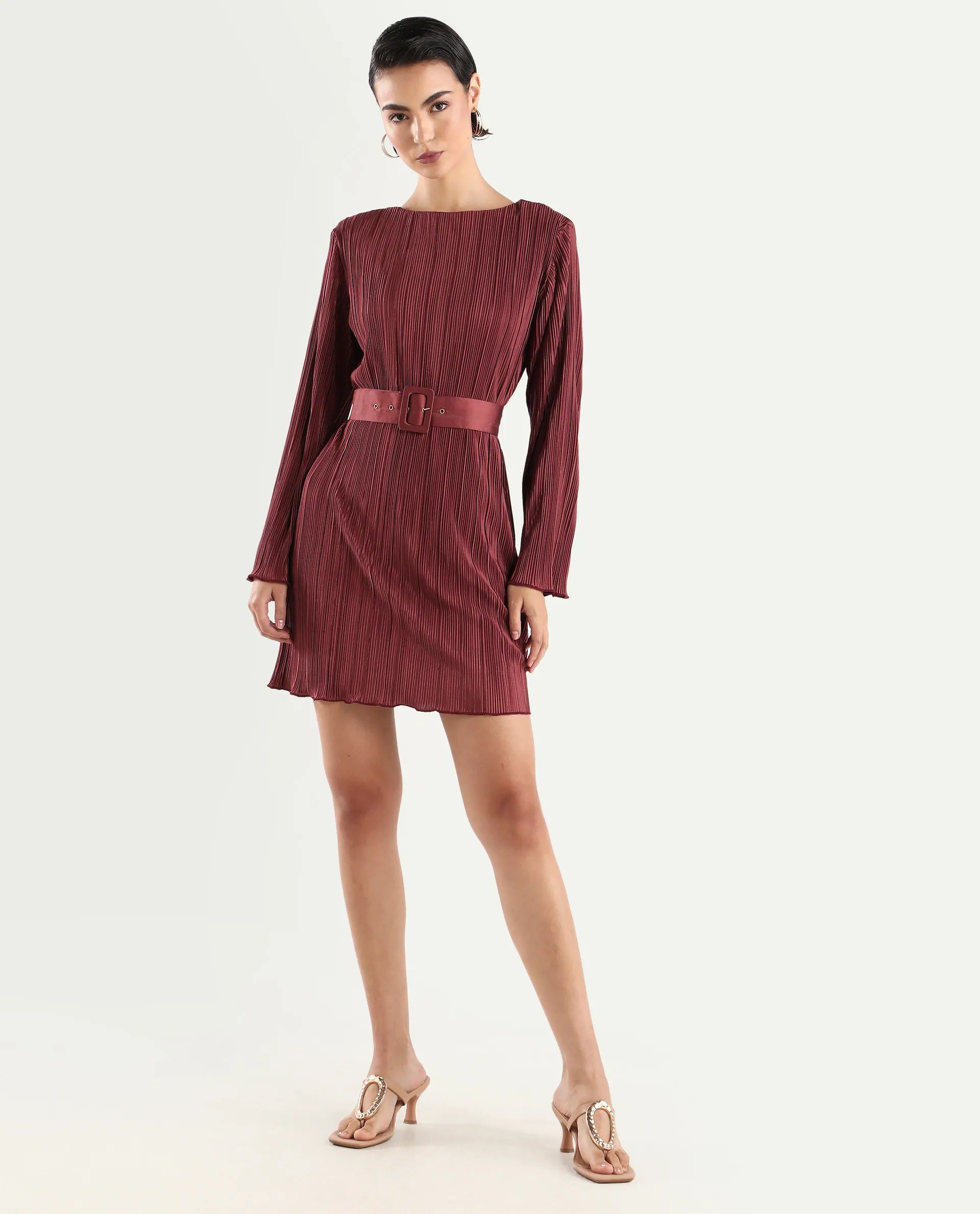 Rareism Women's Averna Brown Polyester Boat Neck Plain Mini Straight Fit Dress