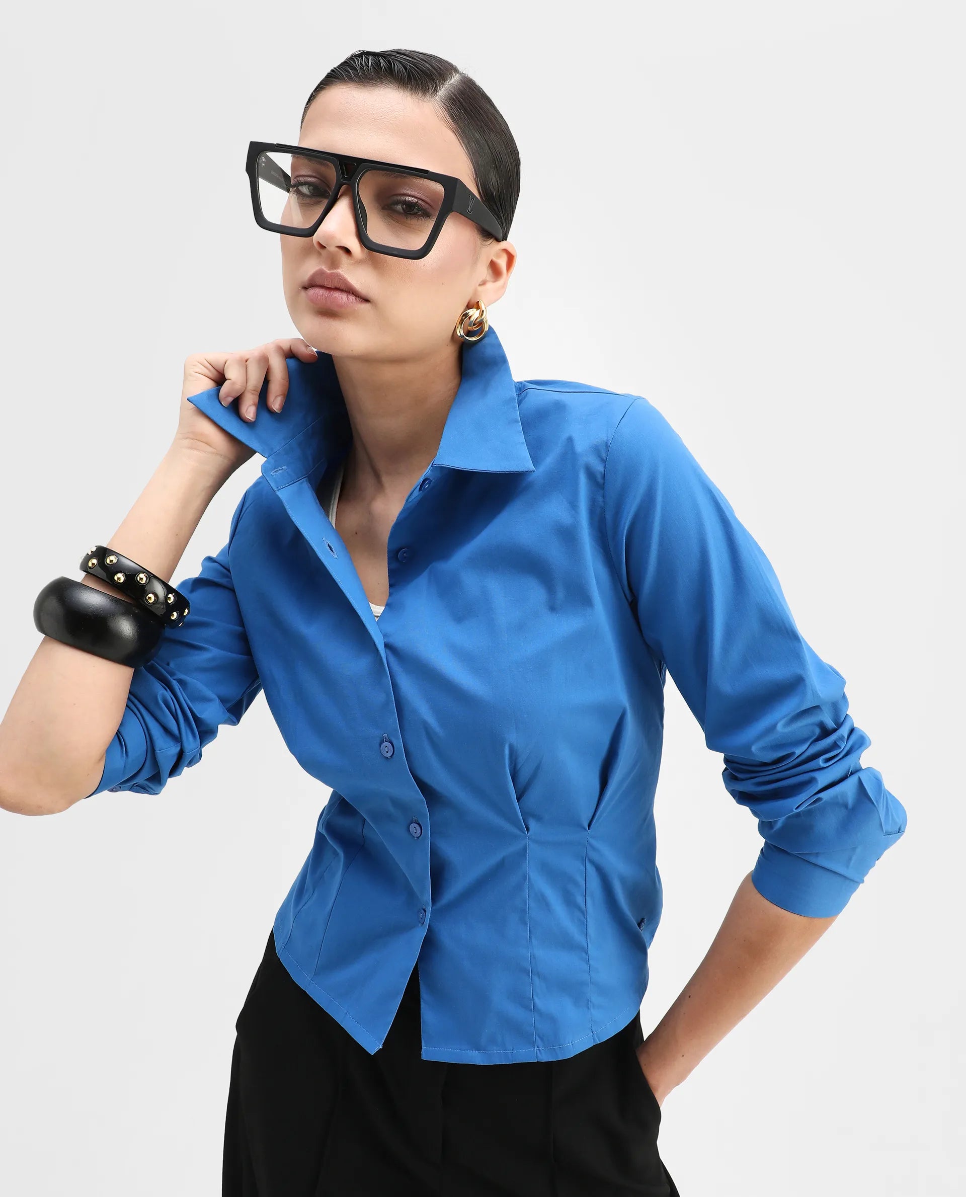 Rareism Women's Avica Blue Cotton Blend Drop Collar Plain Cuffed Sleeve Regular Fit Shirt