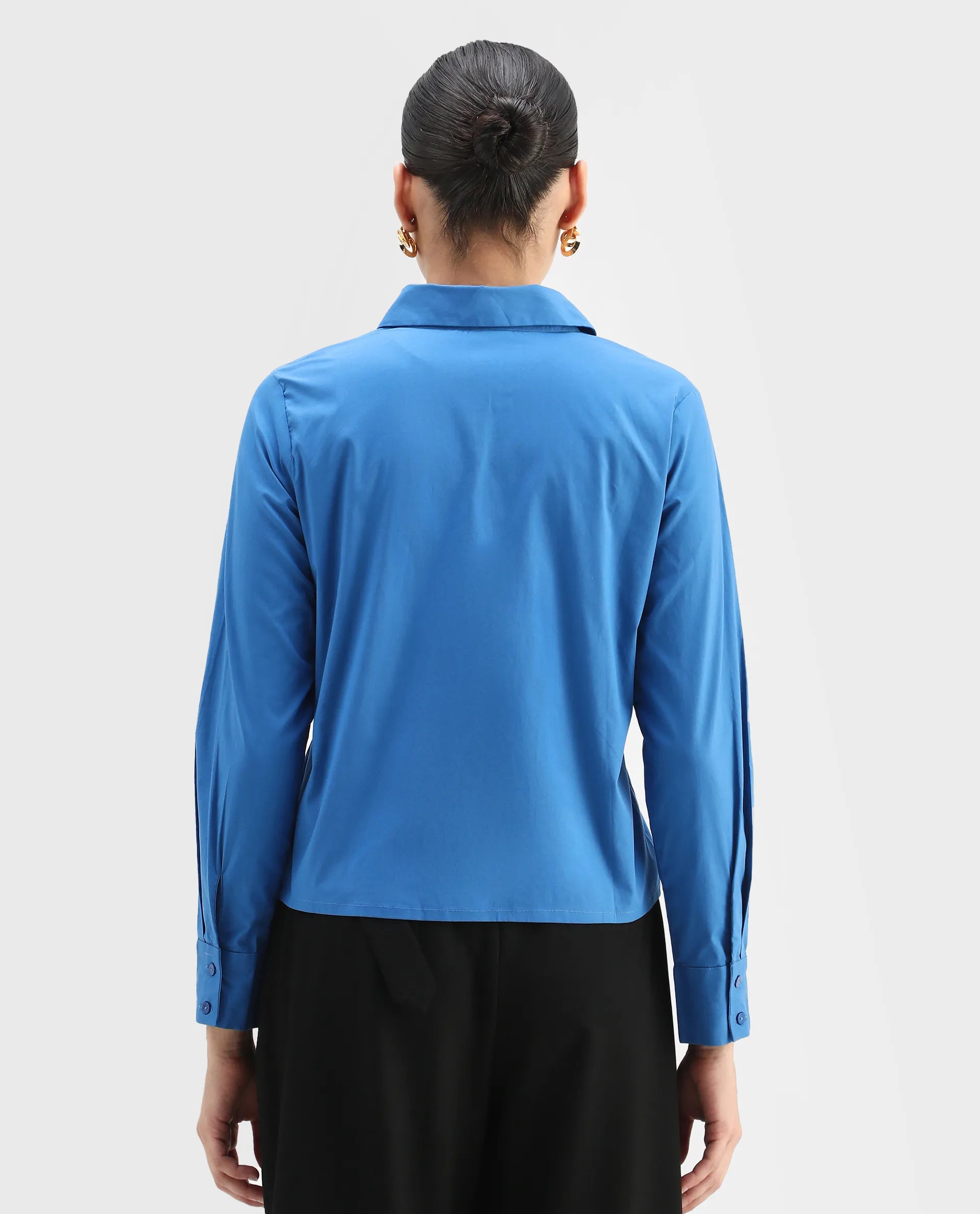 Rareism Women's Avica Blue Cotton Blend Drop Collar Plain Cuffed Sleeve Regular Fit Shirt