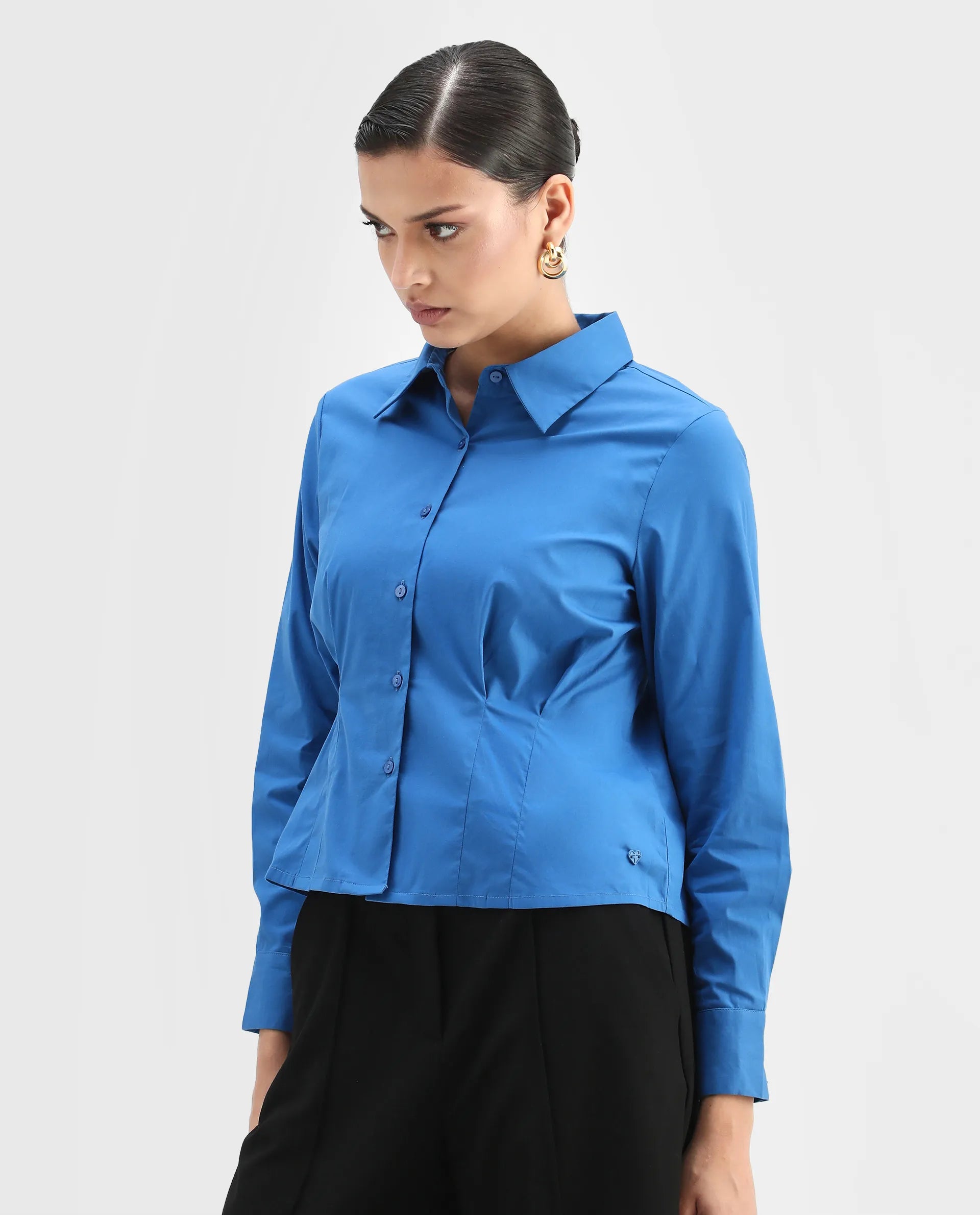Rareism Women's Avica Blue Cotton Blend Drop Collar Plain Cuffed Sleeve Regular Fit Shirt