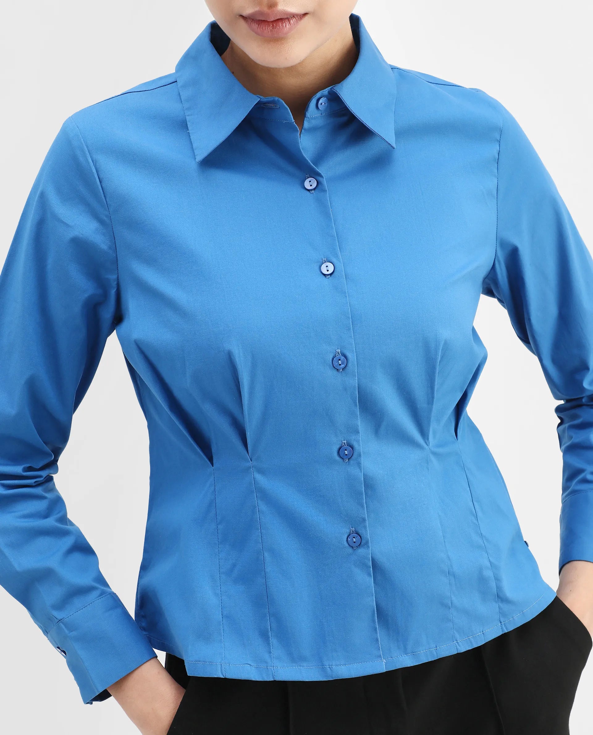 Rareism Women's Avica Blue Cotton Blend Drop Collar Plain Cuffed Sleeve Regular Fit Shirt