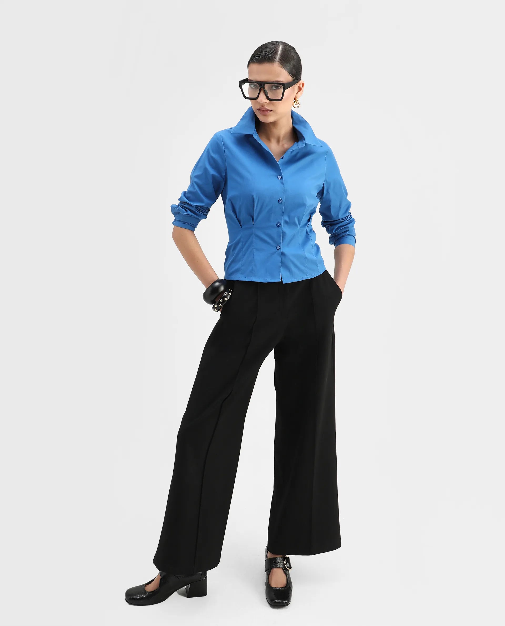 Rareism Women's Avica Blue Cotton Blend Drop Collar Plain Cuffed Sleeve Regular Fit Shirt