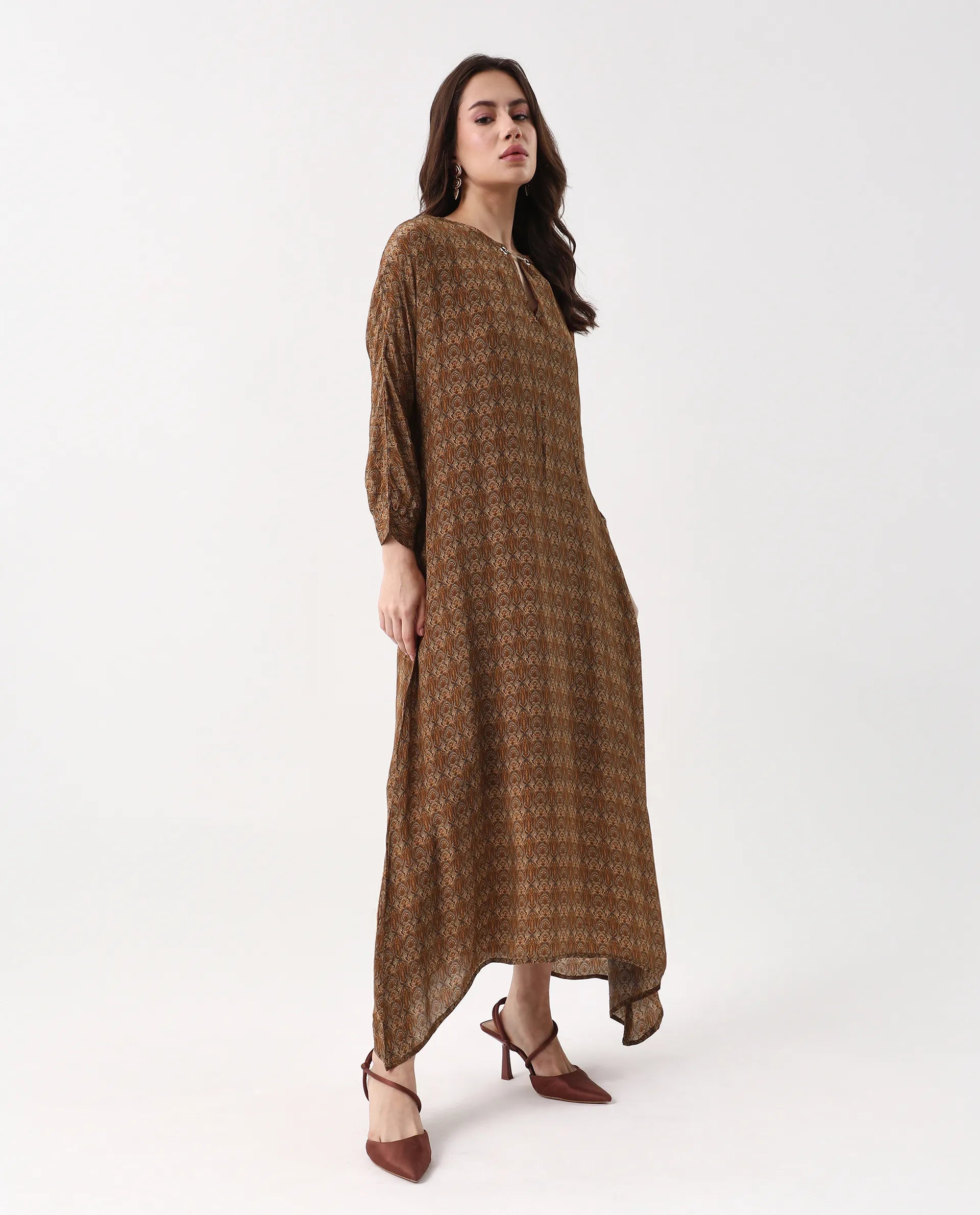 Rareism Women's Avikan Mustard Viscose Crew Neck Relaxed Fit Dress