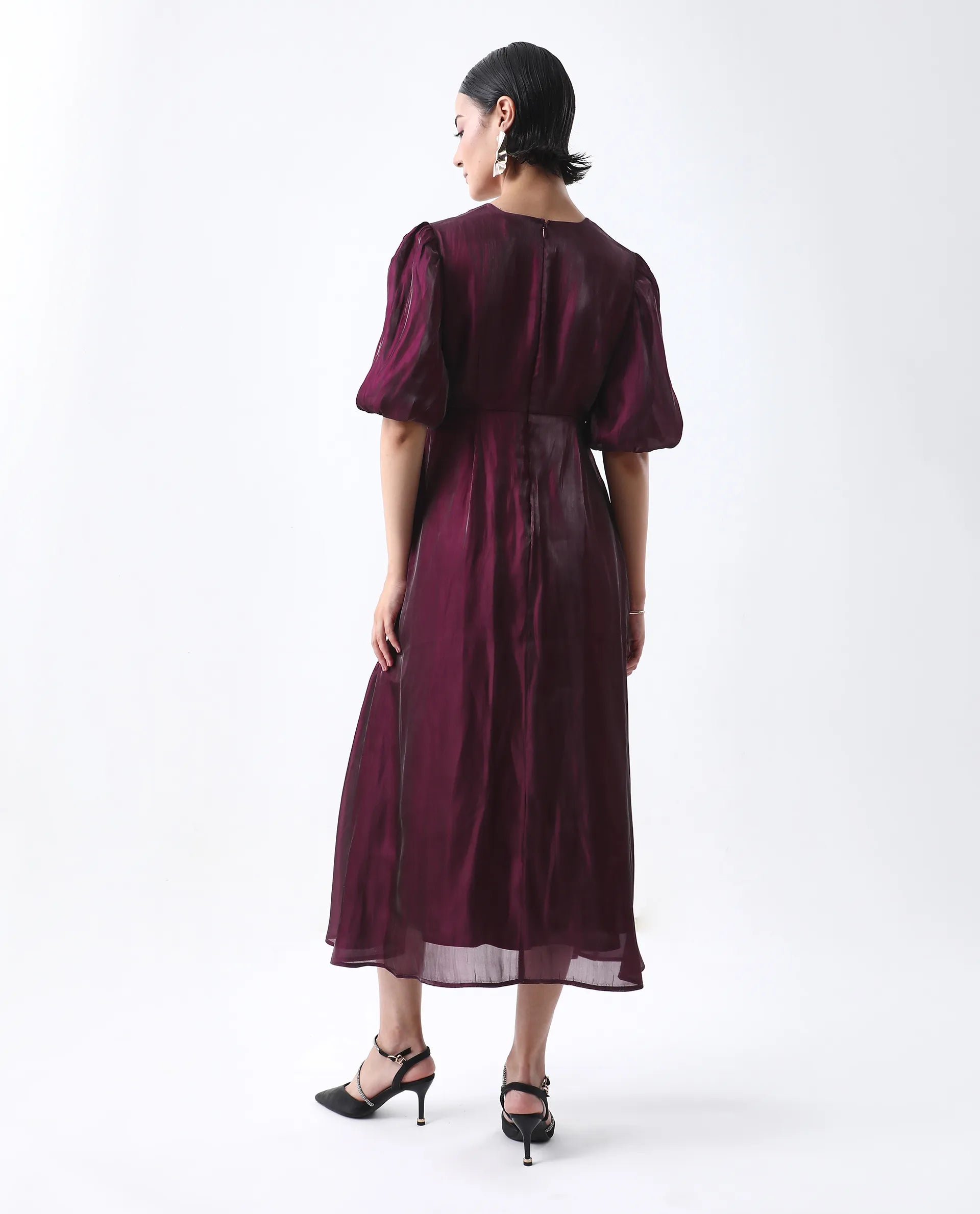 Rareism Women's Avilia Maroon Polyester Round Neck Fit And Flare Plain Midi Dress
