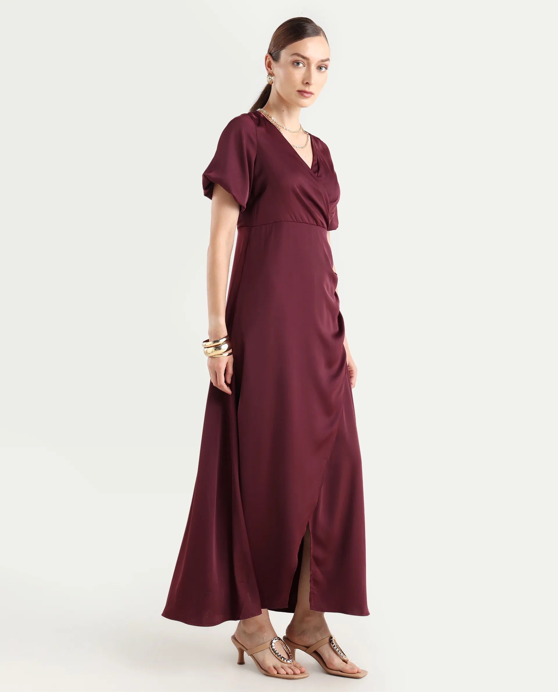 Rareism Women Avilya Maroon Wrap Neck Zipper Fit And Flare Maxi Plain Dress