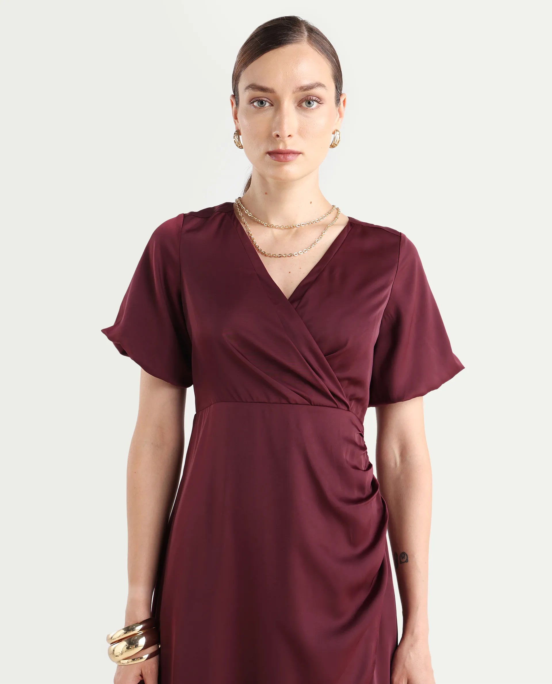 Rareism Women Avilya Maroon Wrap Neck Zipper Fit And Flare Maxi Plain Dress