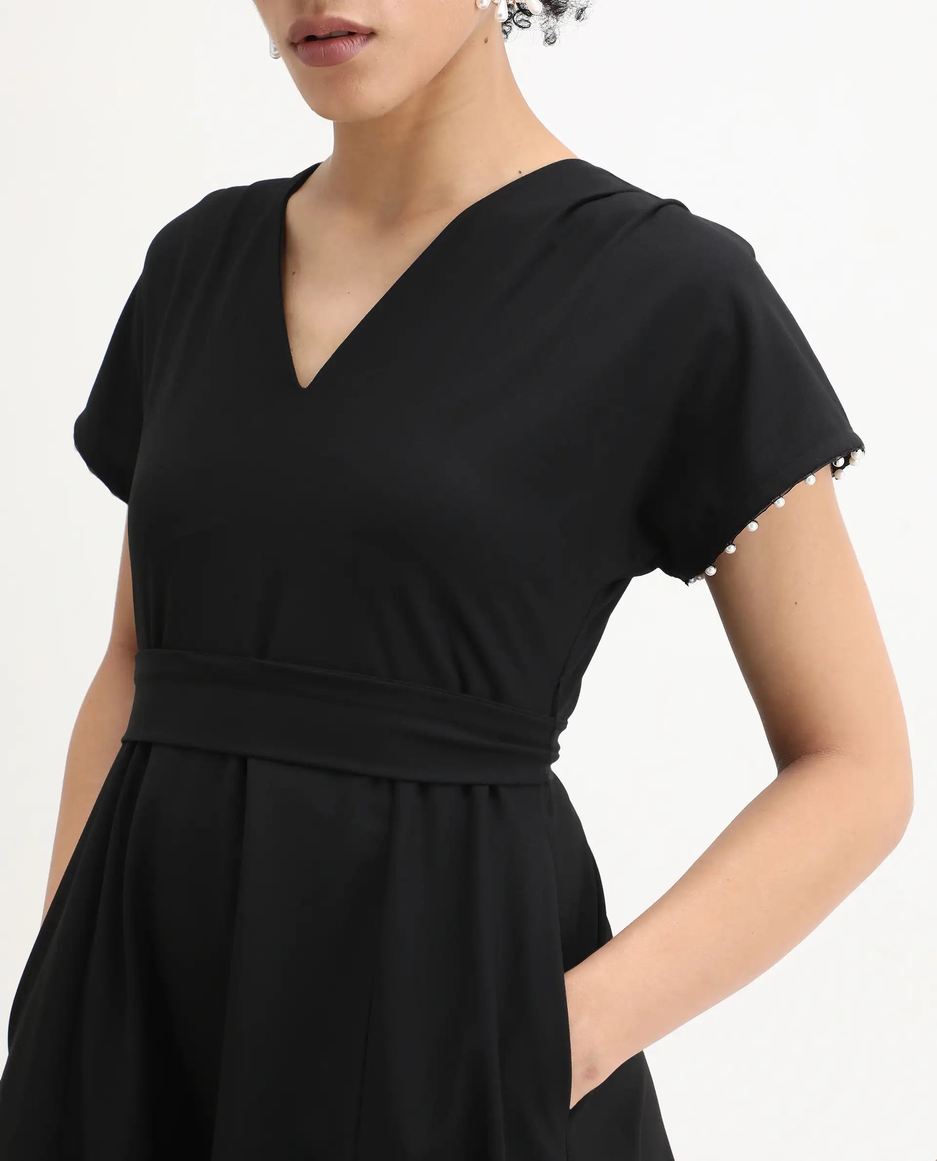 Rareism Women Avim Black V-Neck Zipper Closure Fit And Flare Midi Plain Dress