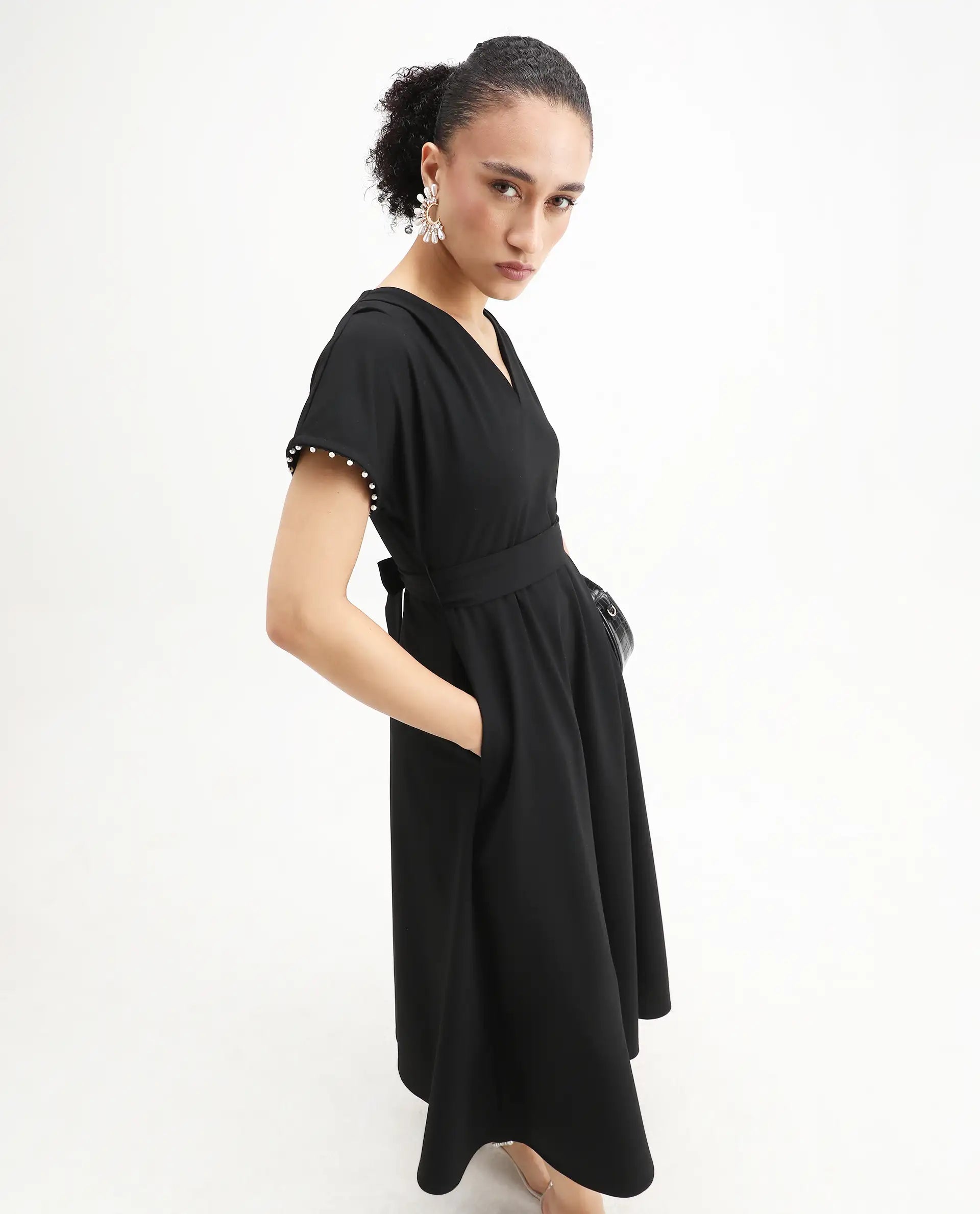 Rareism Women Avim Black V-Neck Zipper Closure Fit And Flare Midi Plain Dress