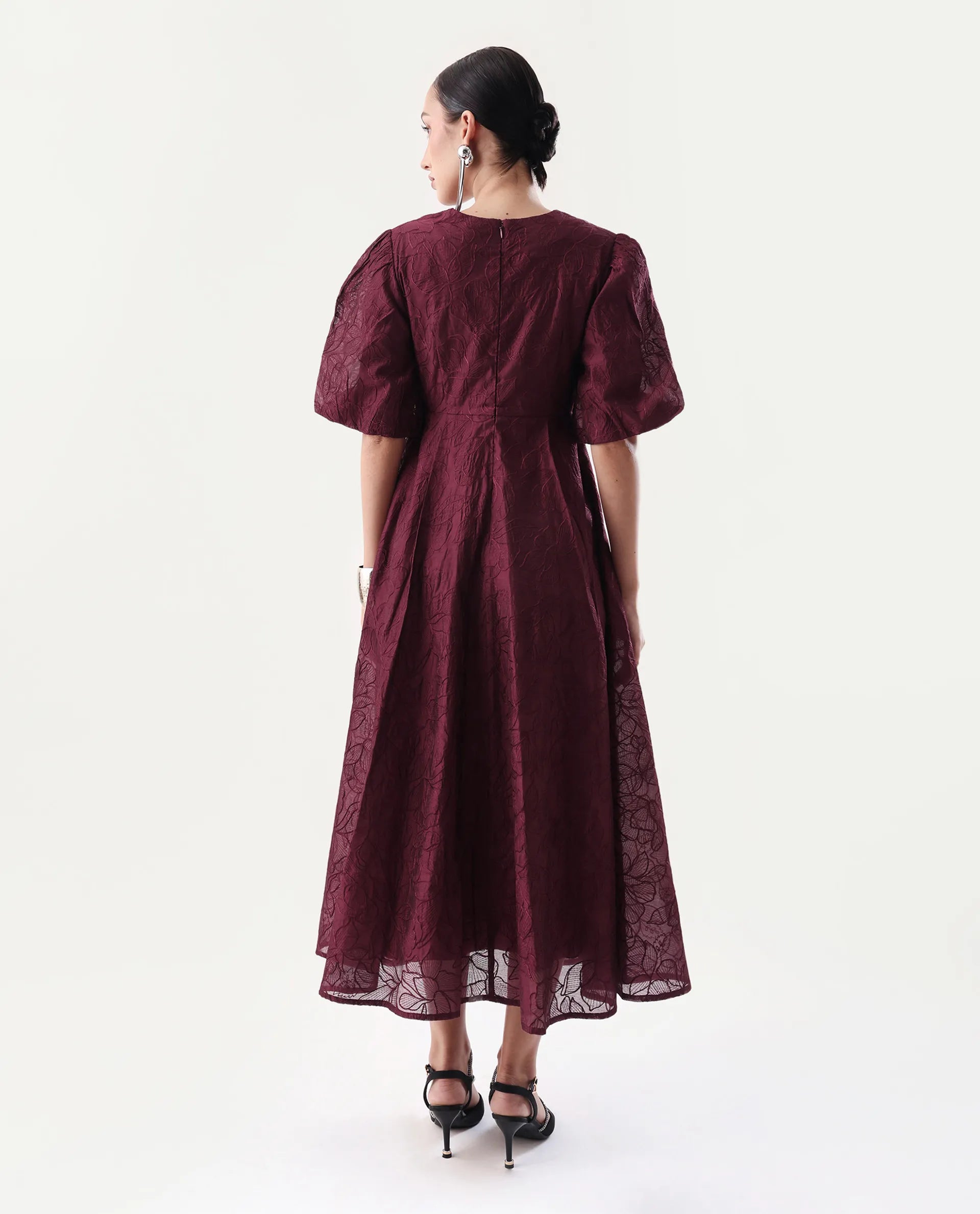 Rareism Women's Avind Maroon Viscose Blend Round Neck Fit And Flare Plain Dress