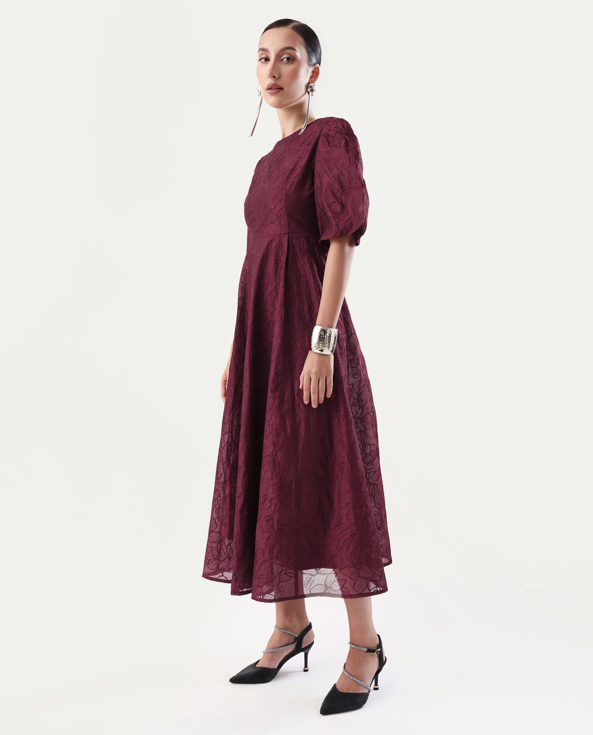 Rareism Women's Avind Maroon Viscose Blend Round Neck Fit And Flare Plain Dress