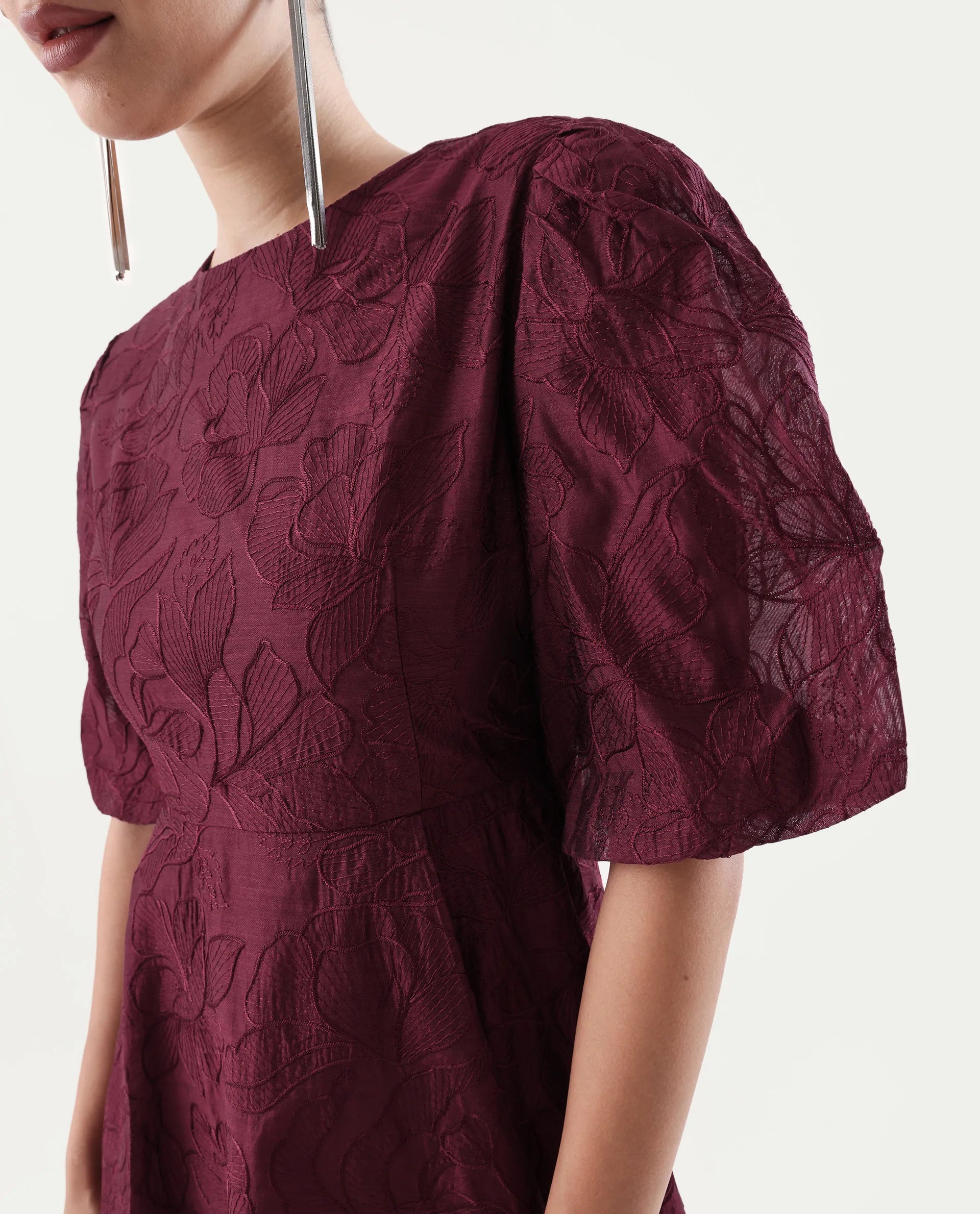 Rareism Women's Avind Maroon Viscose Blend Round Neck Fit And Flare Plain Dress