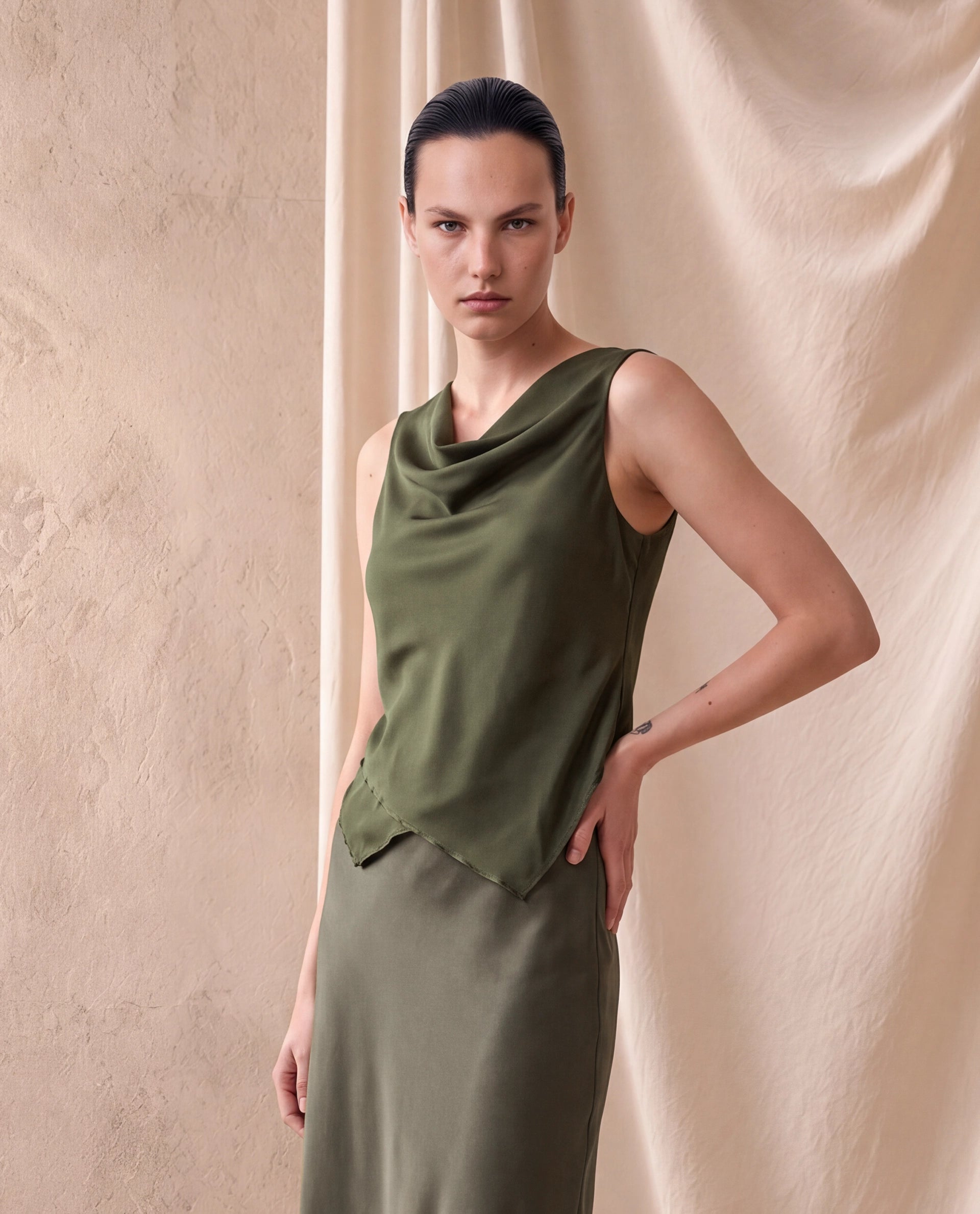 Rareism Women's Avini Olive Polyester Sleeveless Fitted Plain Top
