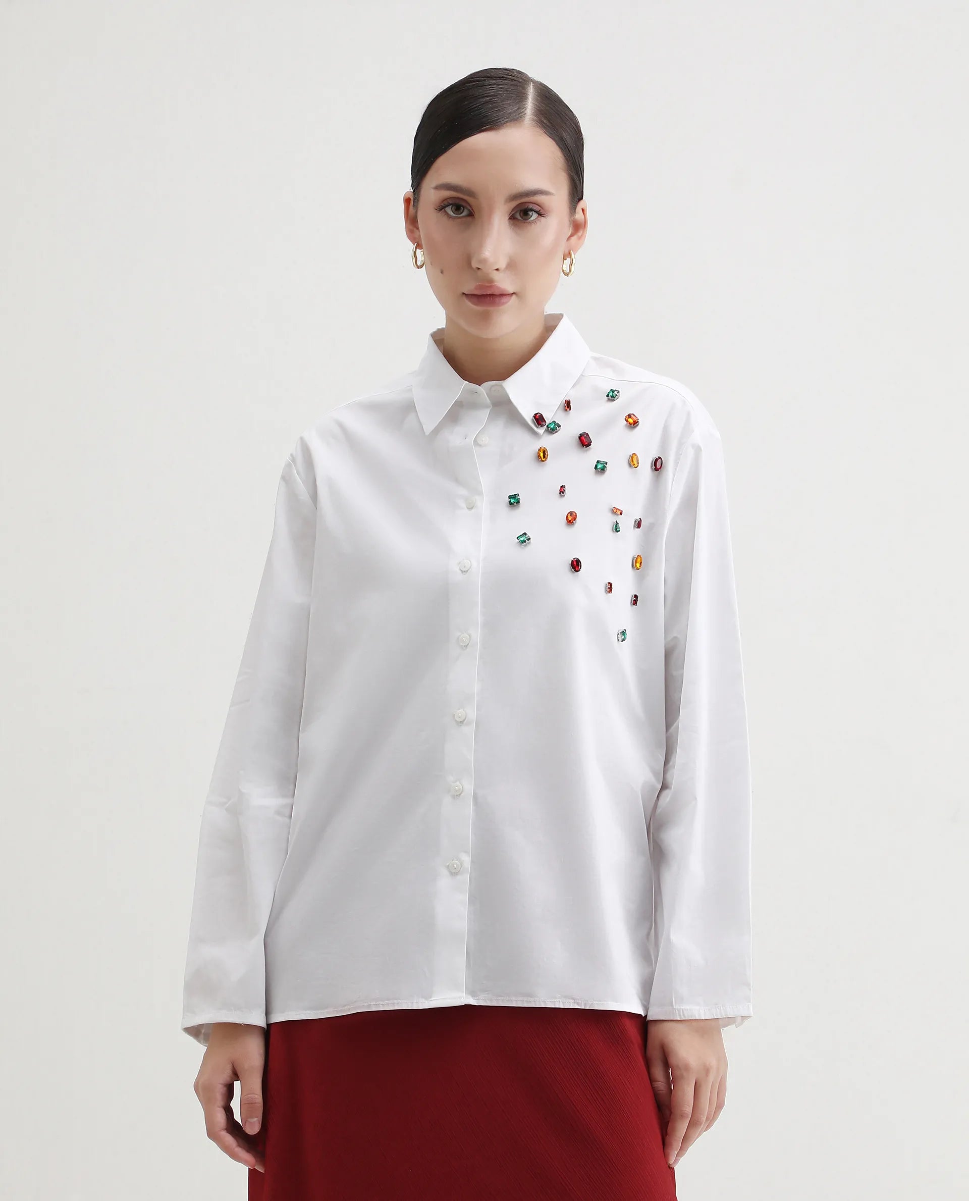 Rareism Women's Avion White Cotton Blend Collared Neck Boxy Fit Shirt