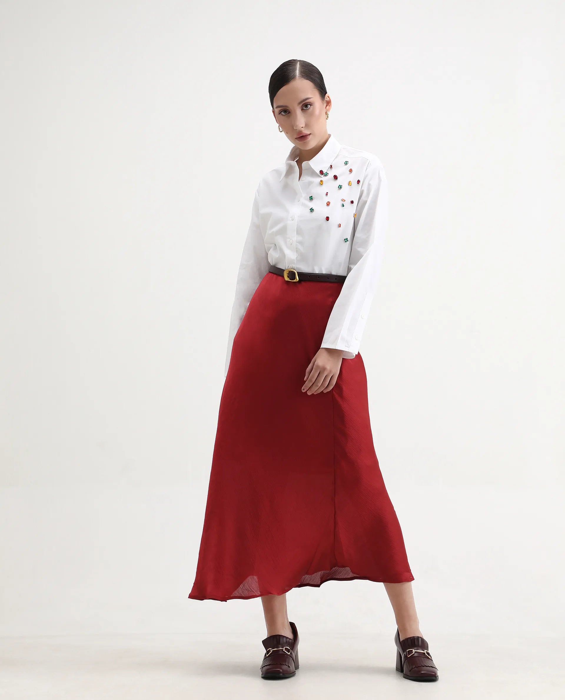 Rareism Women's Avion White Cotton Blend Collared Neck Boxy Fit Shirt