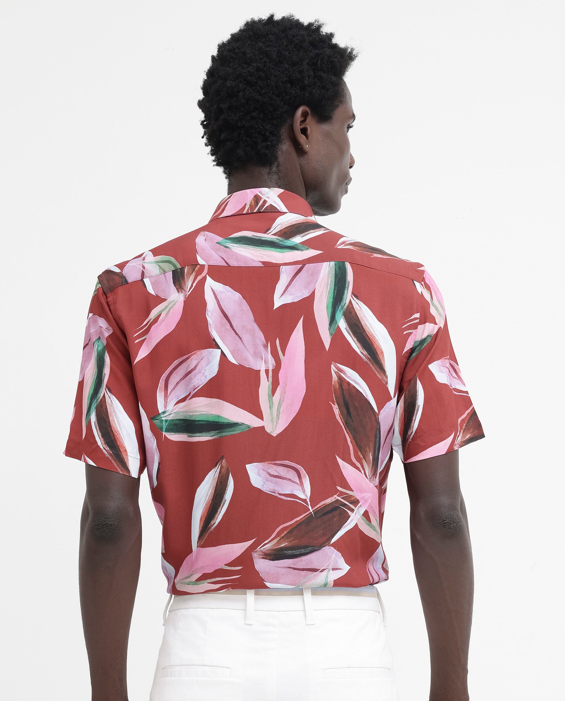 Rare Rabbit Men's Aviot Rust Viscose Fabric Tropical Print Half Sleeves Shirt