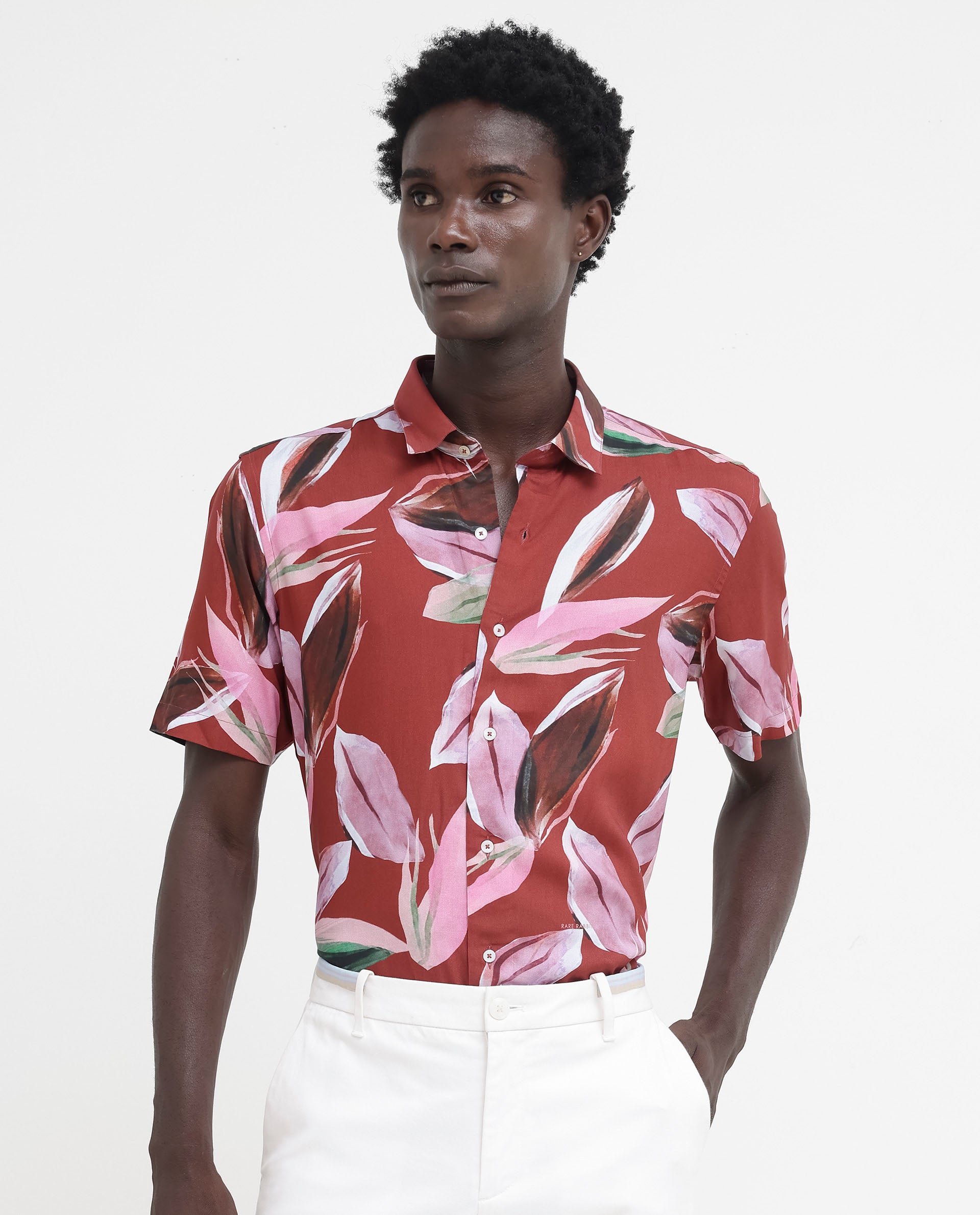 Rare Rabbit Men's Aviot Rust Viscose Fabric Tropical Print Half Sleeves Shirt