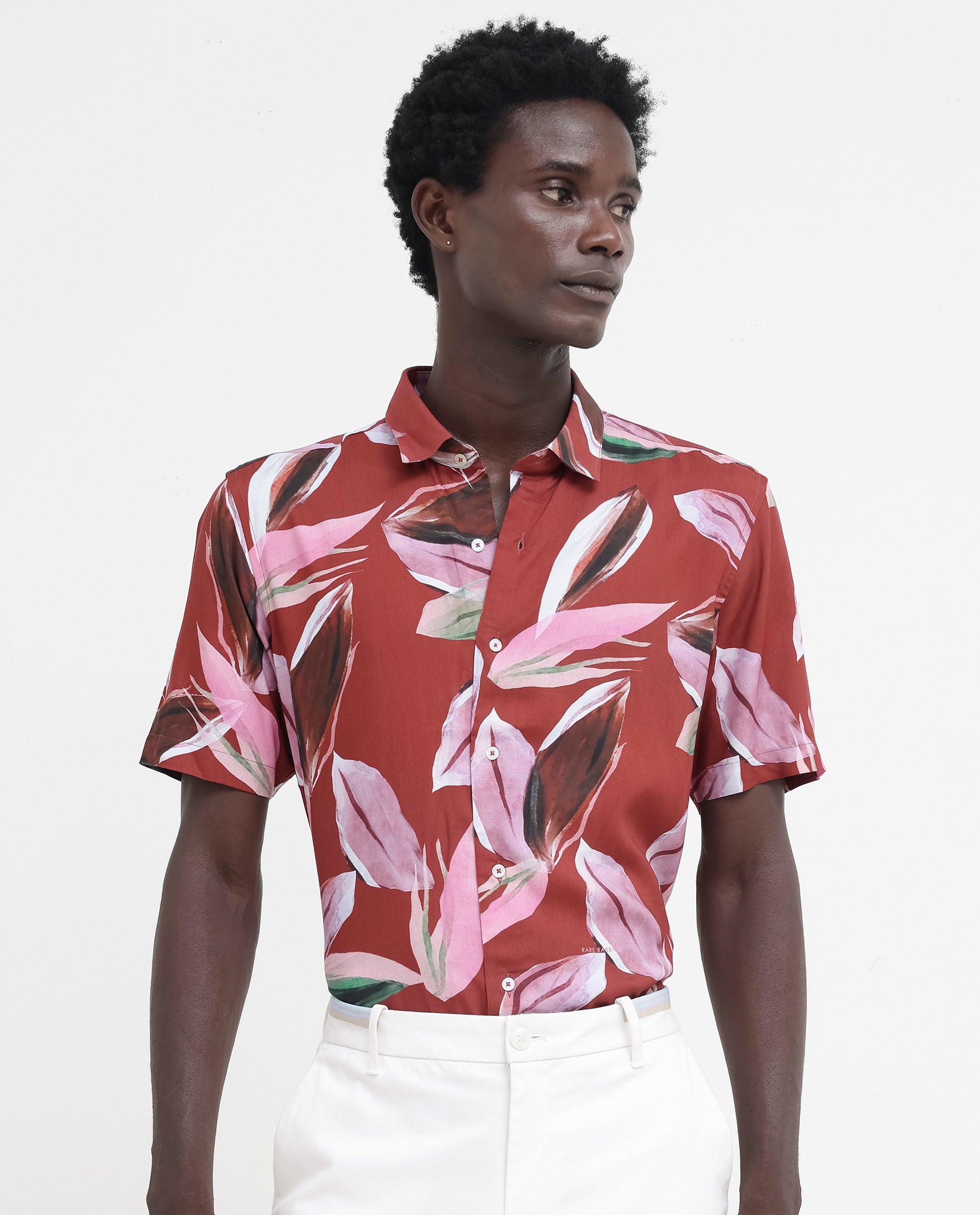 Rare Rabbit Men's Aviot Rust Viscose Fabric Tropical Print Half Sleeves Shirt