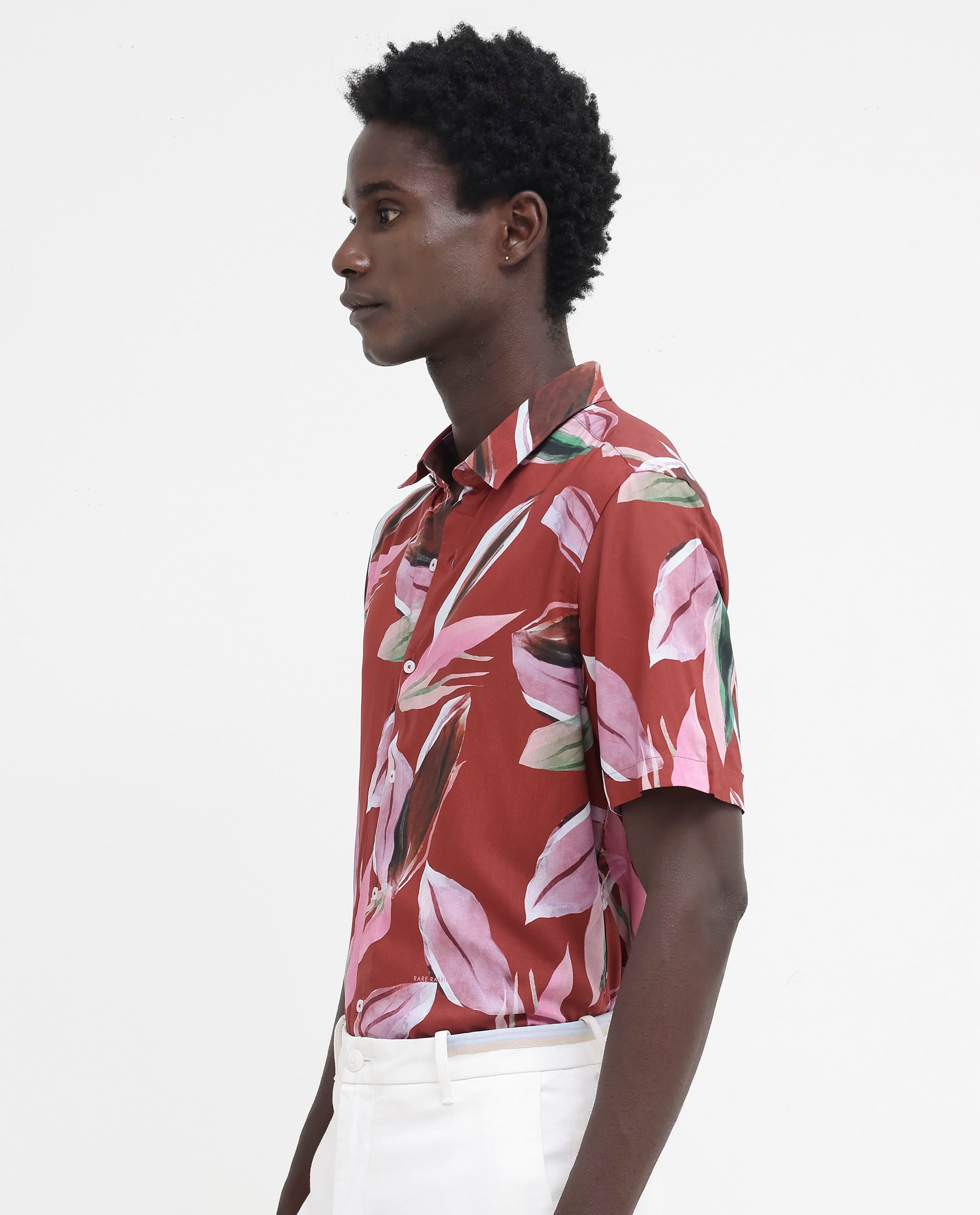 Rare Rabbit Men's Aviot Rust Viscose Fabric Tropical Print Half Sleeves Shirt