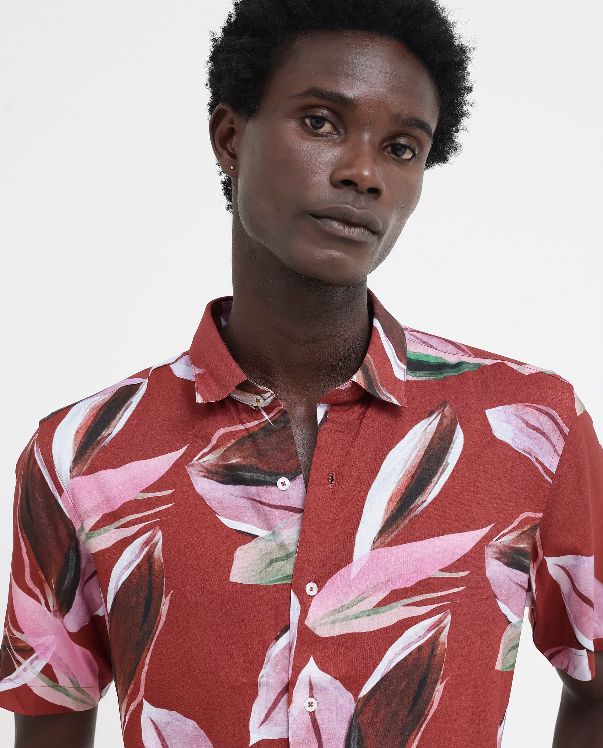 Rare Rabbit Men's Aviot Rust Viscose Fabric Tropical Print Half Sleeves Shirt