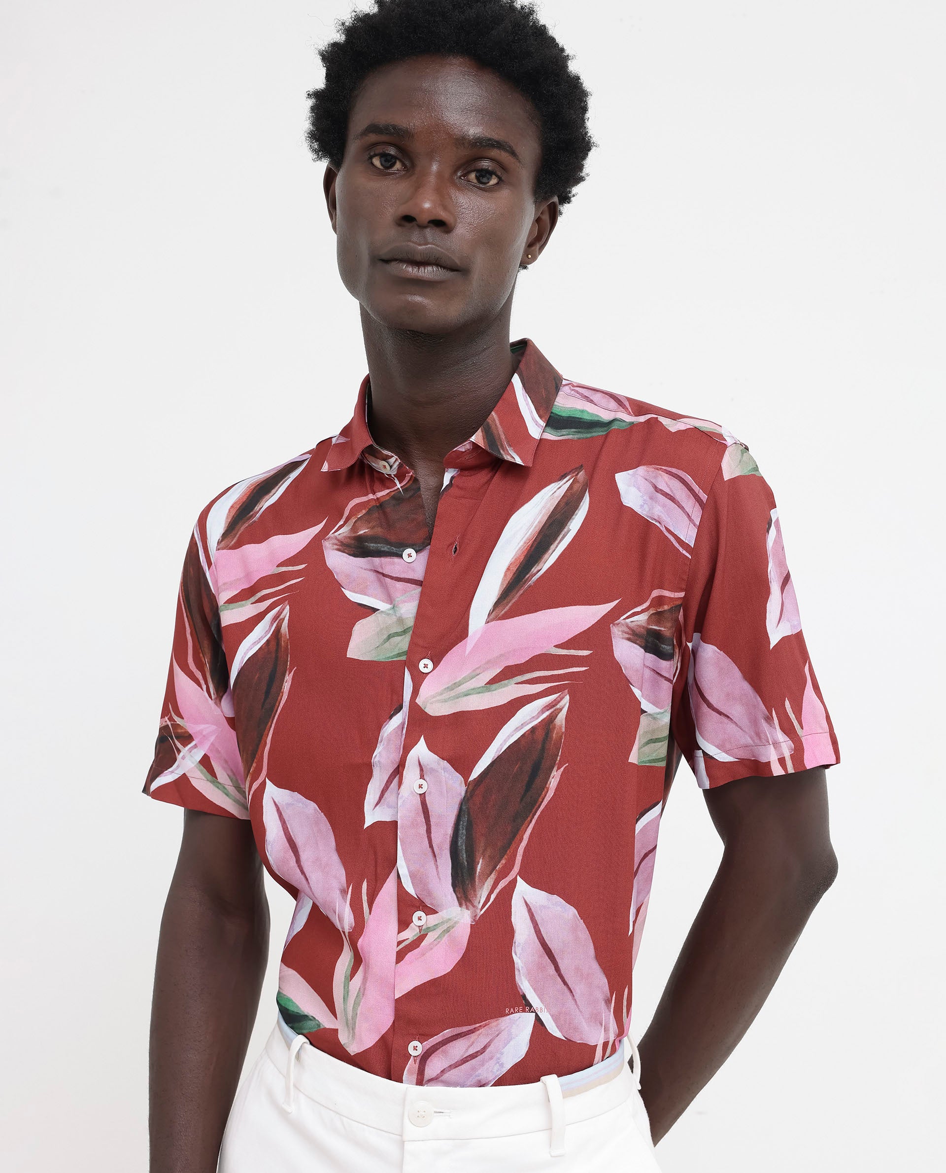 Rare Rabbit Men's Aviot Rust Viscose Fabric Tropical Print Half Sleeves Shirt