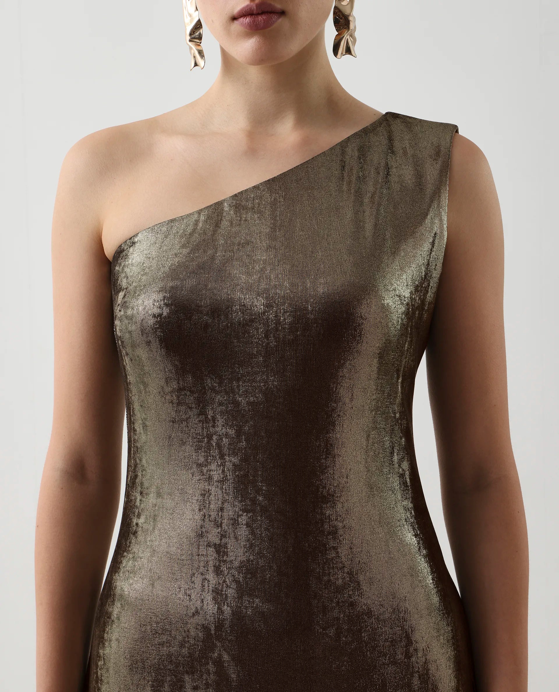 Rareism Women's Avip Gold Polyester One Shoulder Fit And Flare Plain Midi Dress