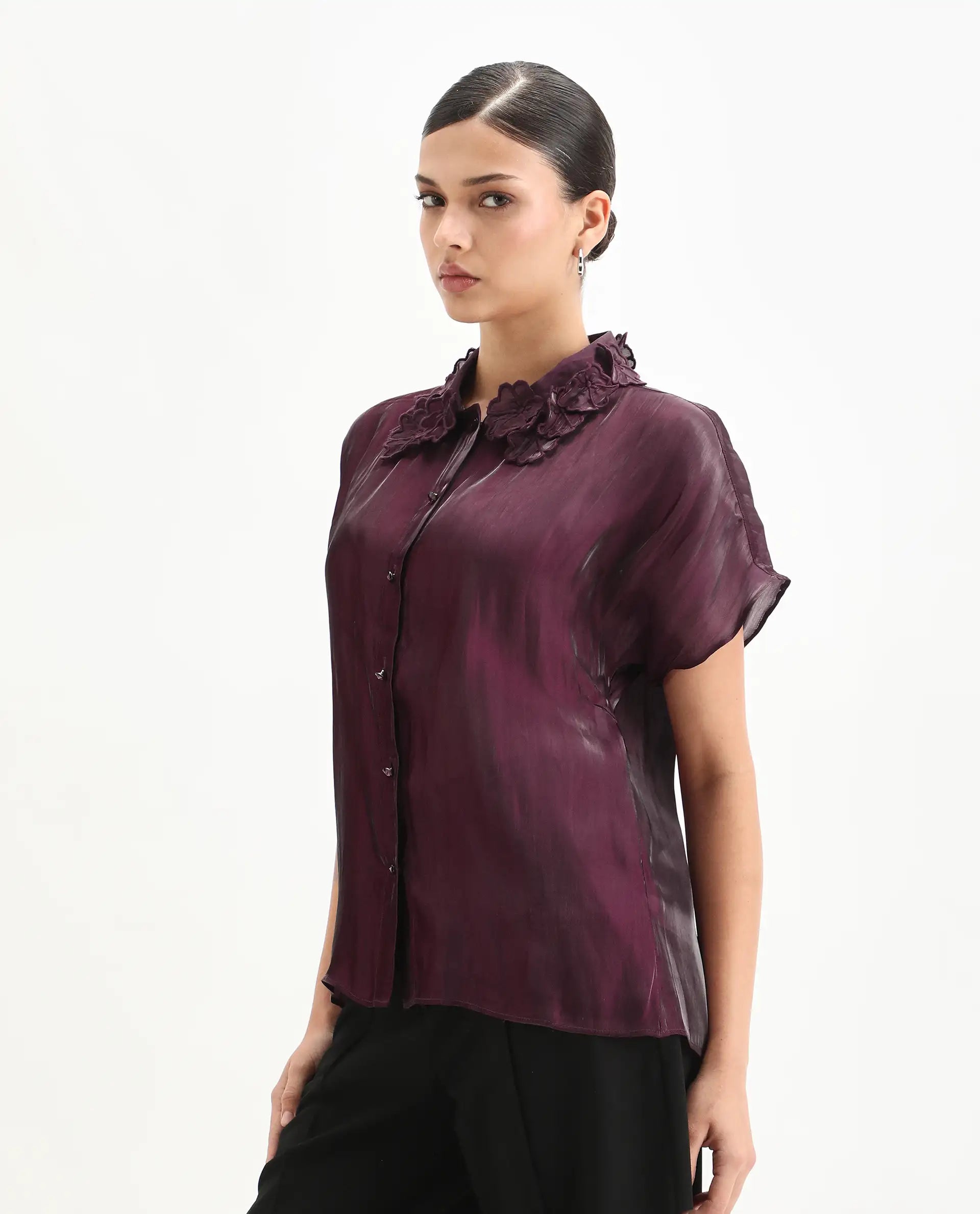 Rareism Women's Avirfa Maroon Polyester Collared Neck Relaxed Fit Shirt